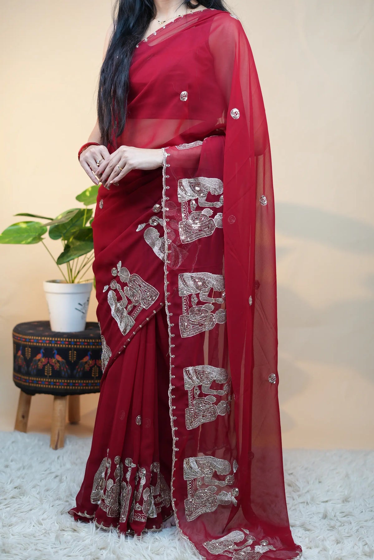 Royal Red Georgette Saree With Special Karwa Chauth Butta Pattern (With Blouse)