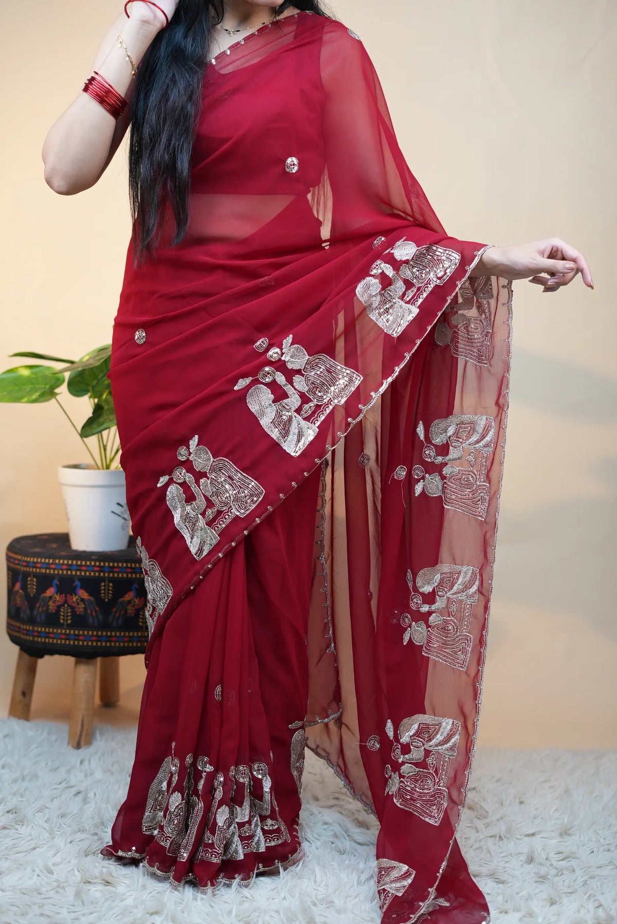 Royal Red Georgette Saree With Special Karwa Chauth Butta Pattern (With Blouse)