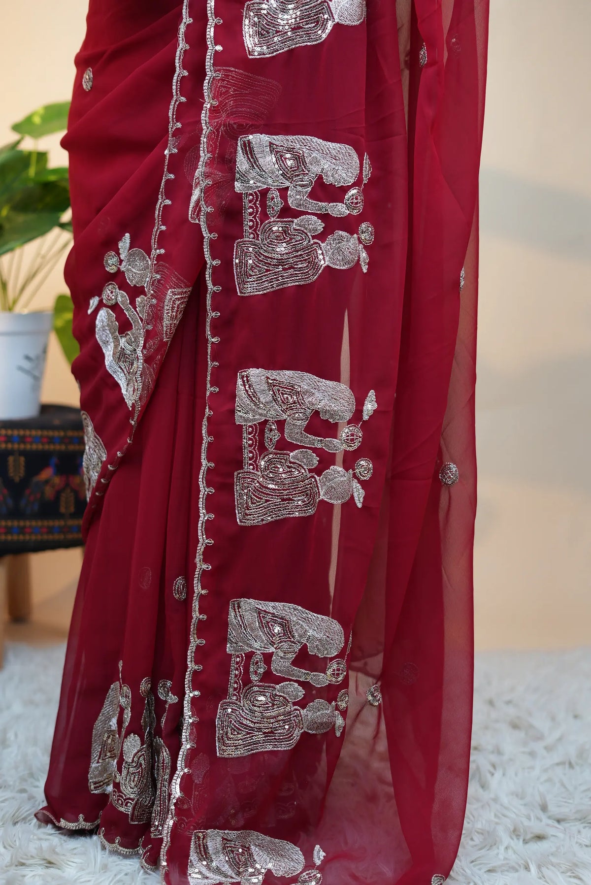 Royal Red Georgette Saree With Special Karwa Chauth Butta Pattern (With Blouse)