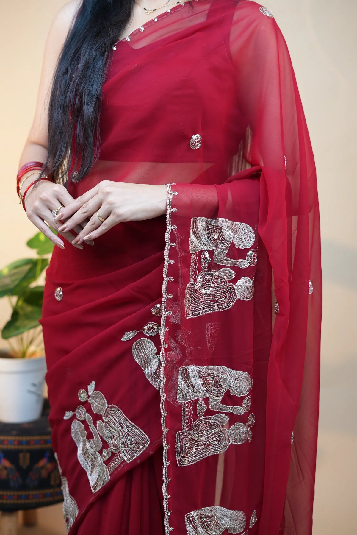 Royal Red Georgette Saree With Special Karwa Chauth Butta Pattern (With Blouse)