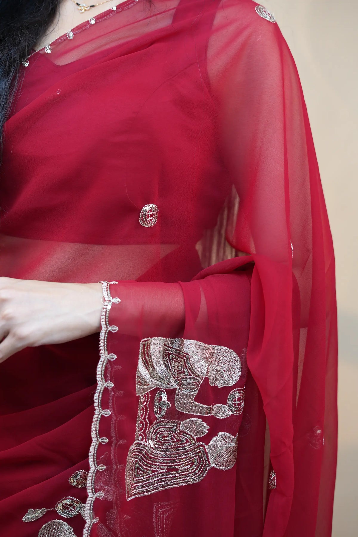 Royal Red Georgette Saree With Special Karwa Chauth Butta Pattern (With Blouse)
