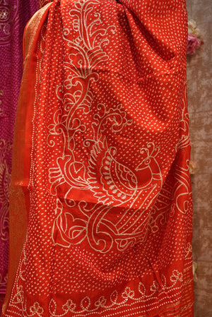 NAVRATI AND KARWA CHOUTH SPECIAL DOLA SILK FABRIC BANDHANI PRINT SAREE WITH AARI TARI WROK AND PEACOCK DESIGN ##SR408
