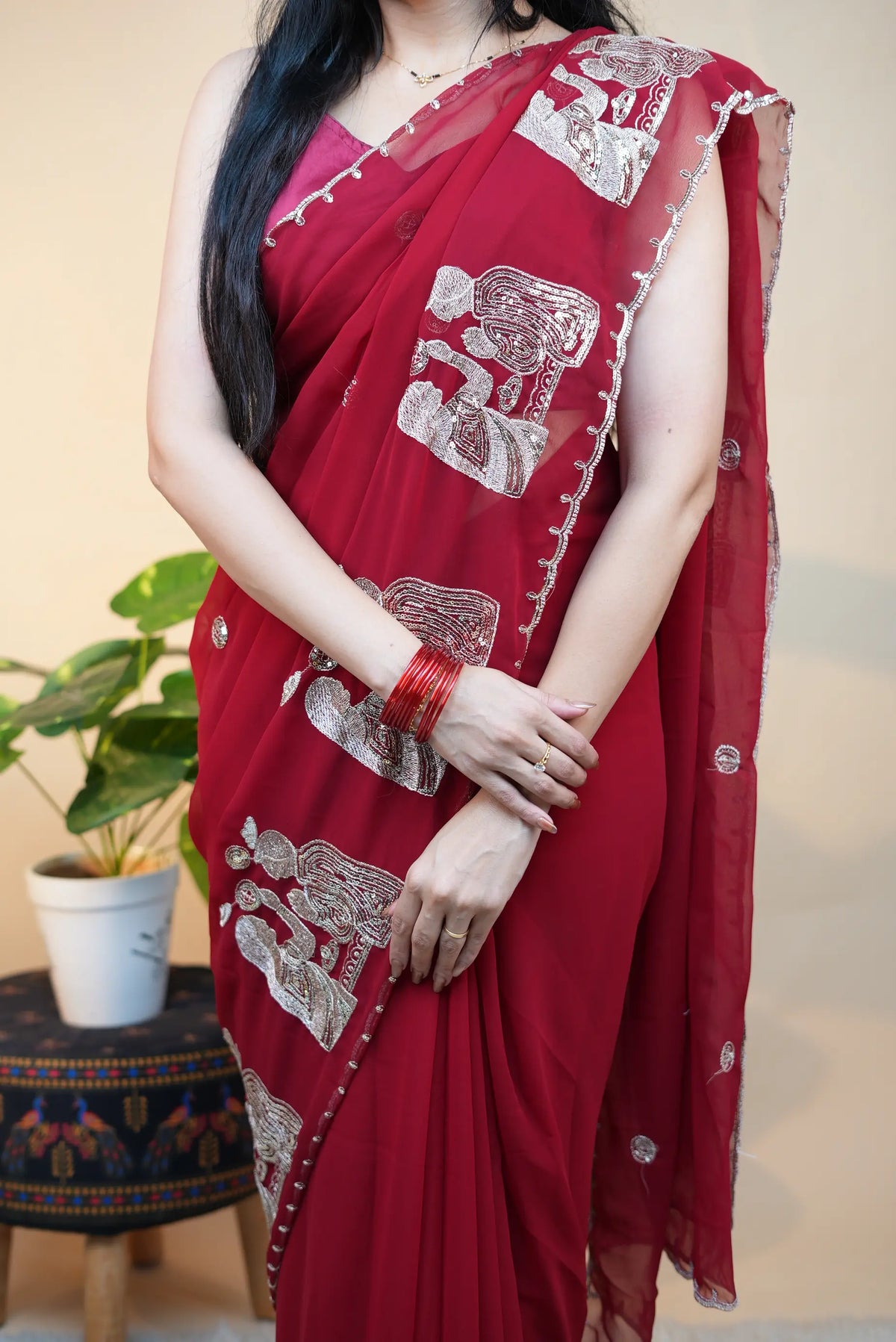 Royal Red Georgette Saree With Special Karwa Chauth Butta Pattern (With Blouse)