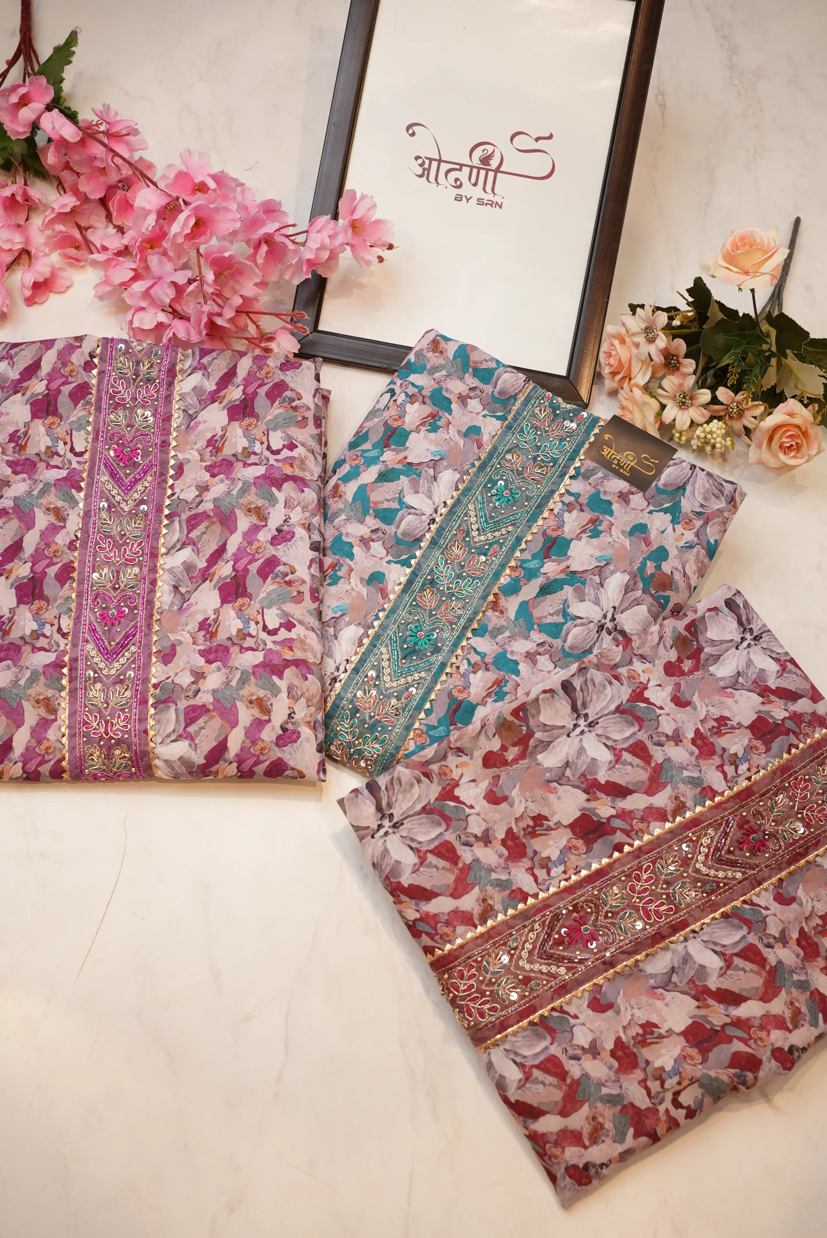 Muslin fabric tie work printed suit chiffon dupatta (UNSTITCHED)