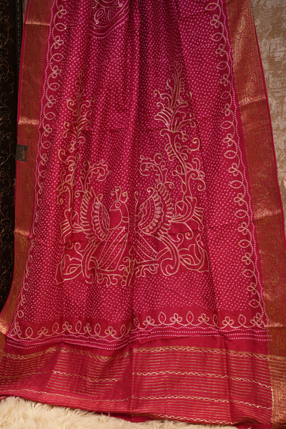 NAVRATI AND KARWA CHOUTH SPECIAL DOLA SILK FABRIC BANDHANI PRINT SAREE WITH AARI TARI WROK AND PEACOCK DESIGN ##SR408