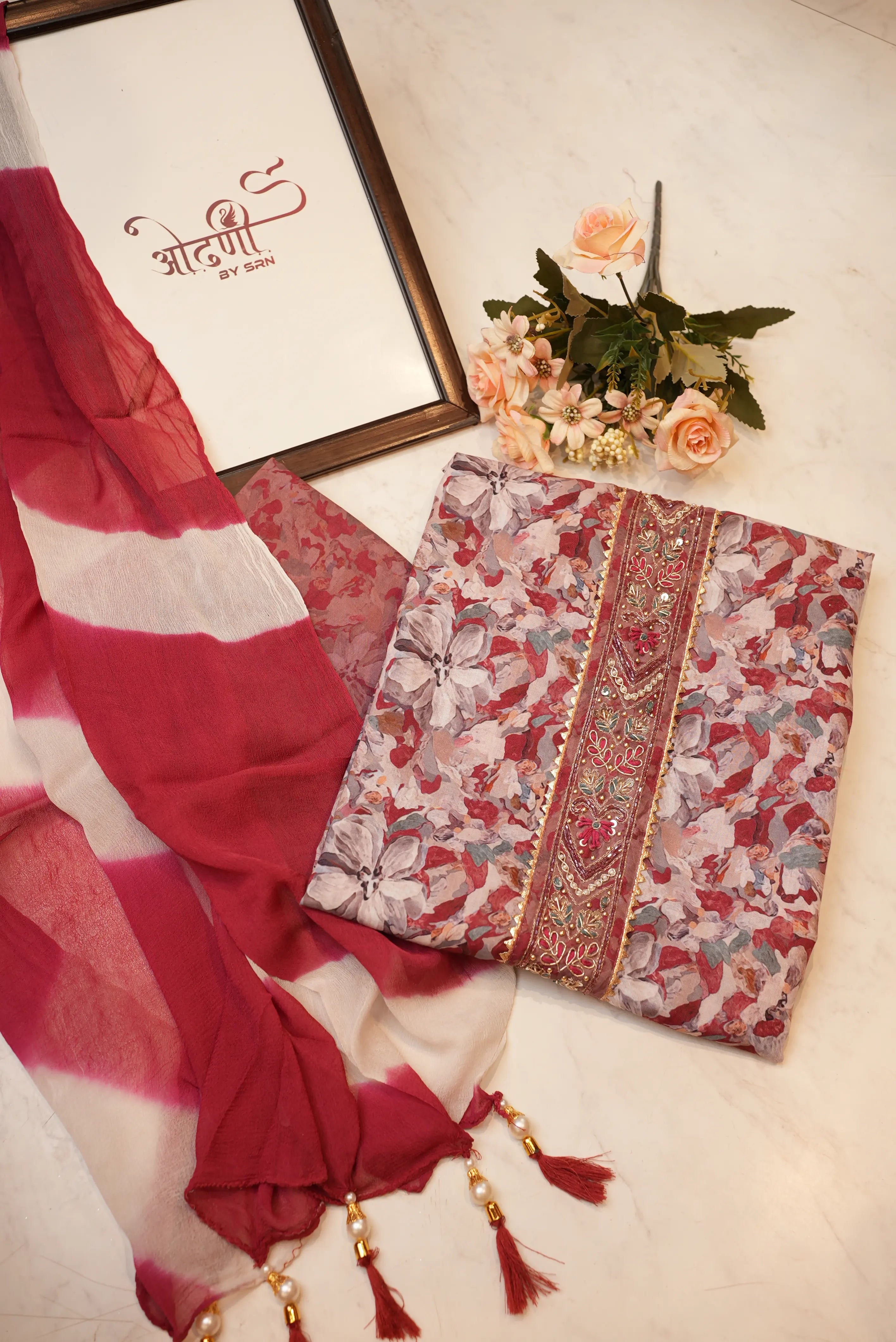 Muslin fabric tie work printed suit chiffon dupatta (UNSTITCHED)
