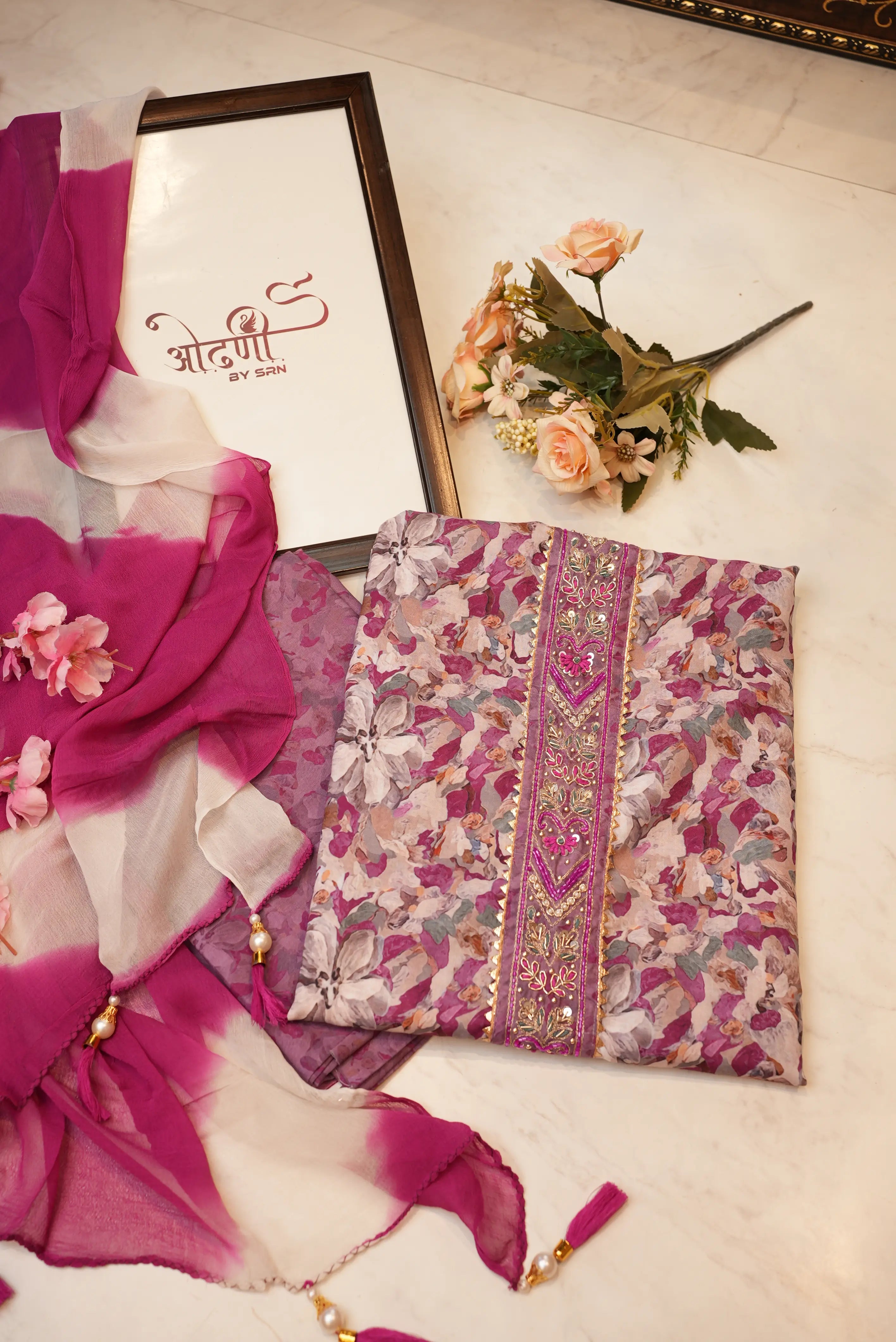 Muslin fabric tie work printed suit chiffon dupatta (UNSTITCHED)