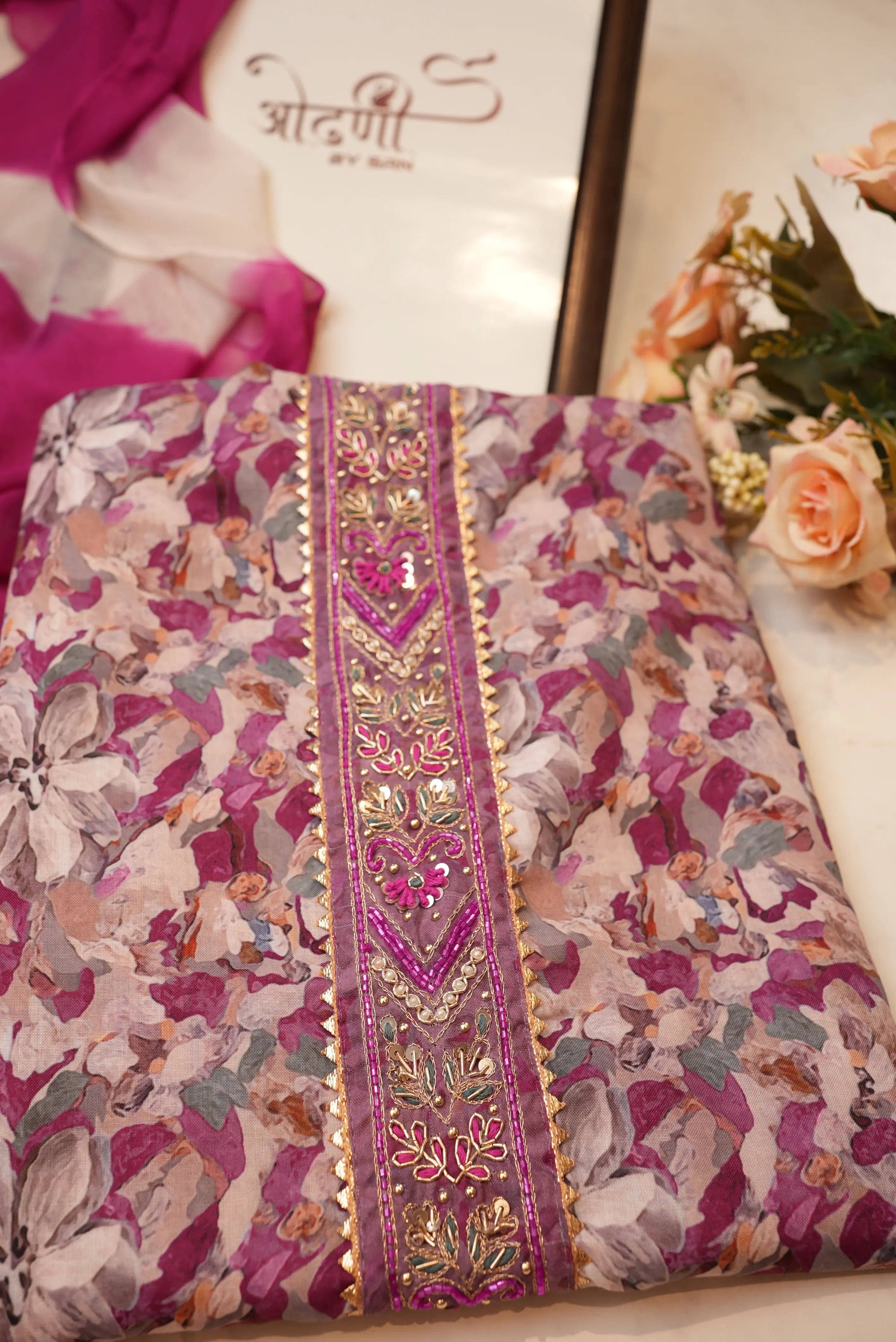 Muslin fabric tie work printed suit chiffon dupatta (UNSTITCHED)