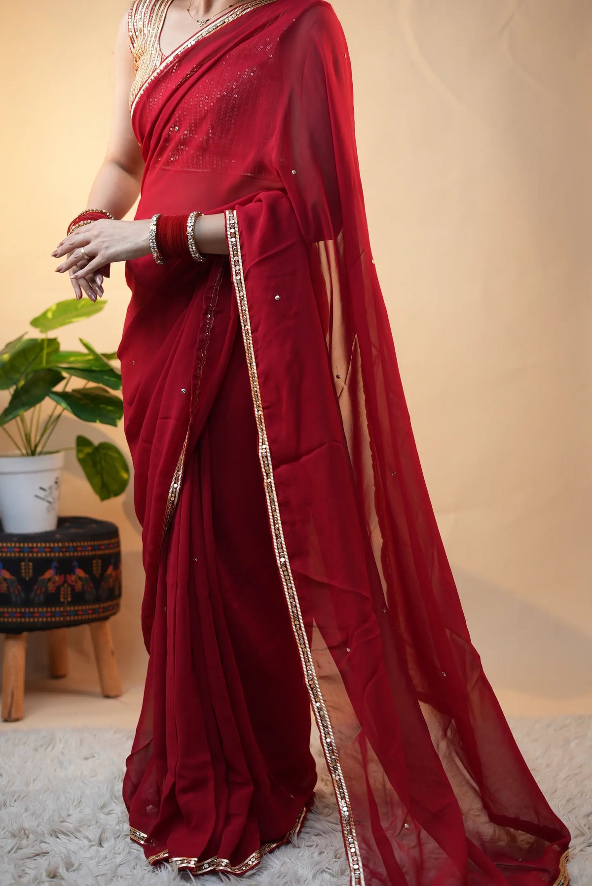 Traditional Charkhi Gota & Sitara Work Saree With Handwork Blouse  (Pre-Booking Item)