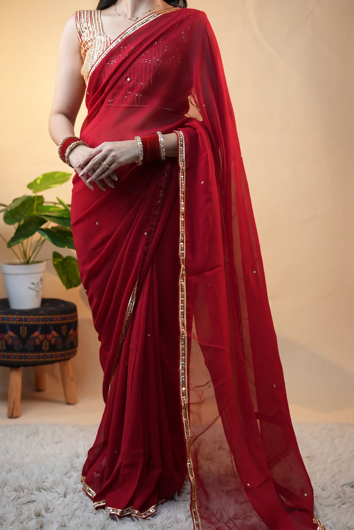 Traditional Charkhi Gota & Sitara Work Saree With Handwork Blouse  (Pre-Booking Item)