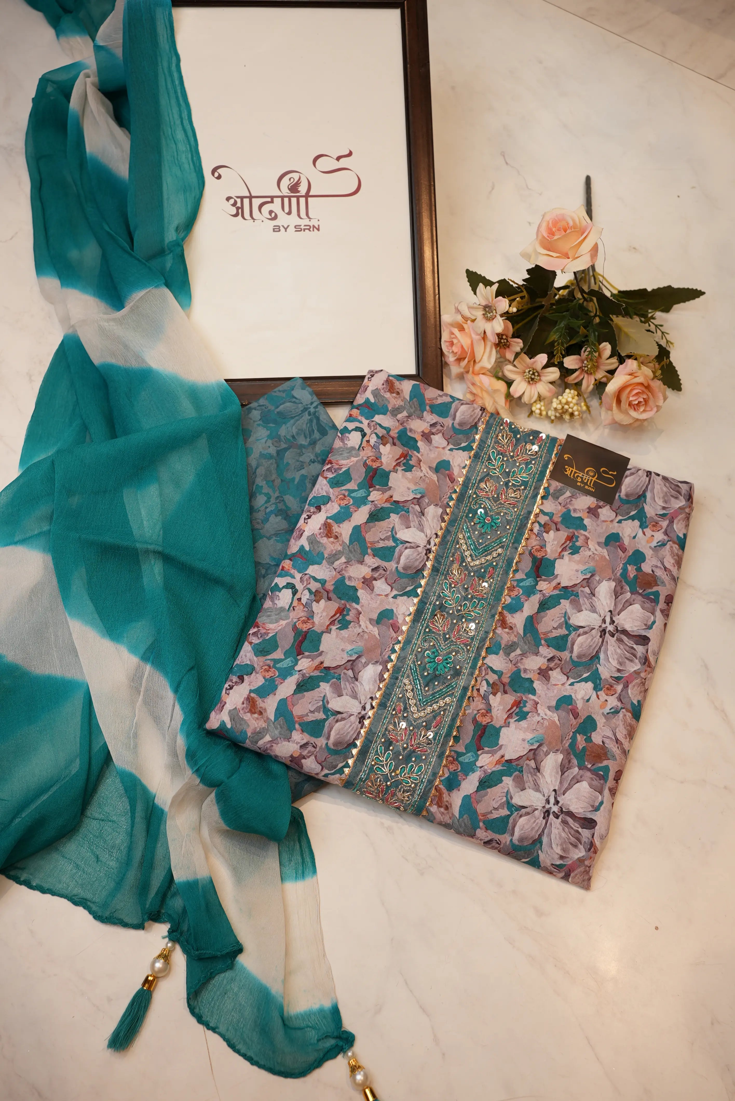 Muslin fabric tie work printed suit chiffon dupatta (UNSTITCHED)