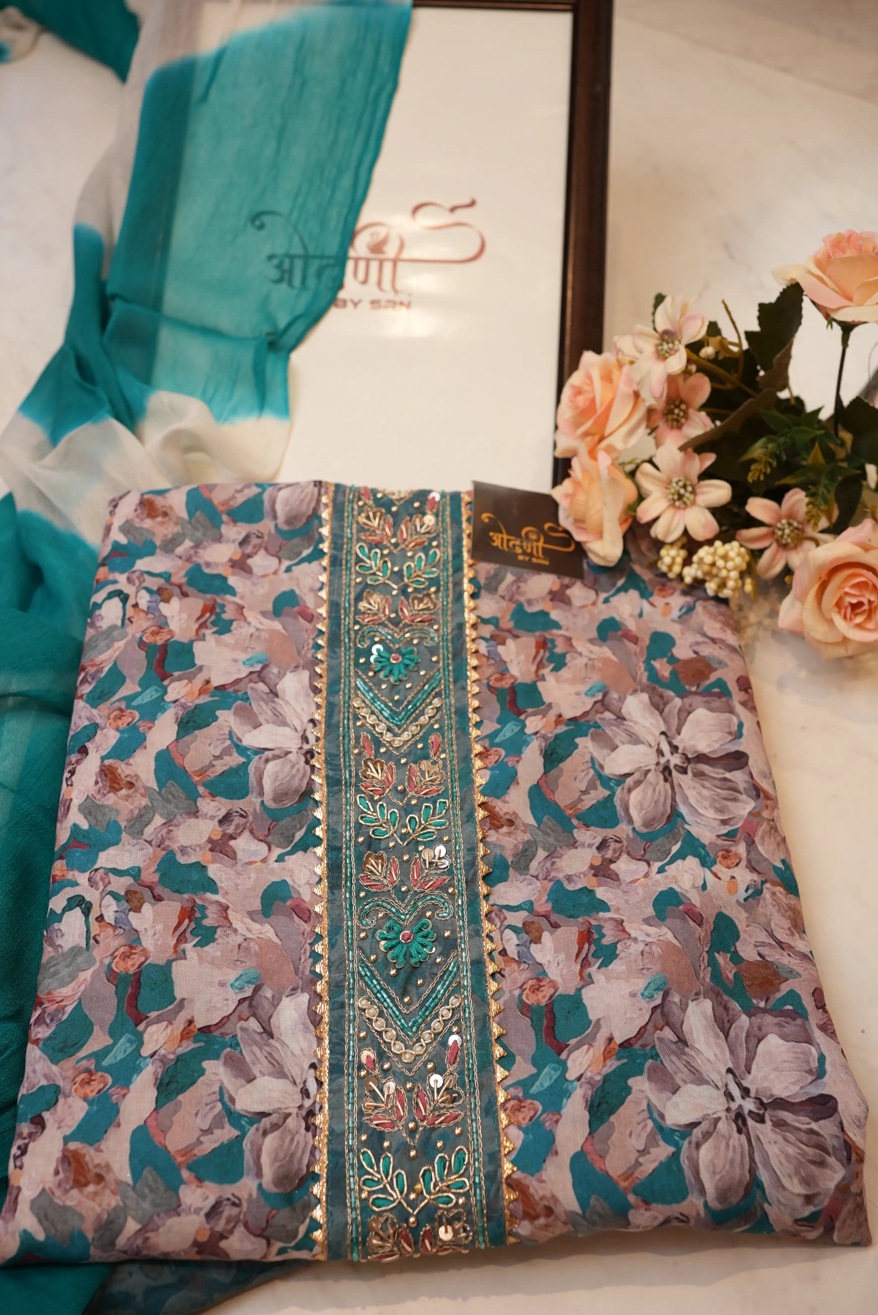 Muslin fabric tie work printed suit chiffon dupatta (UNSTITCHED)