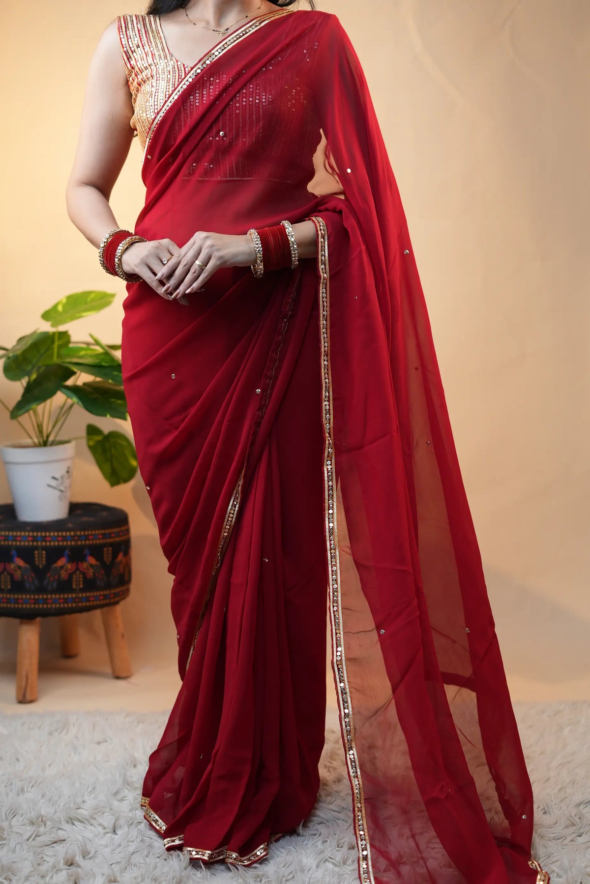 Traditional Charkhi Gota & Sitara Work Saree With Handwork Blouse  (Pre-Booking Item)