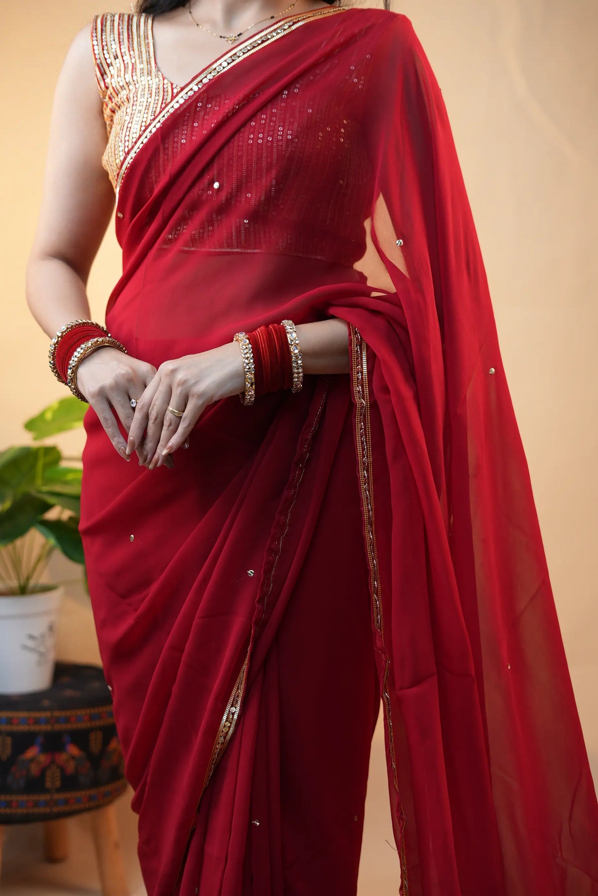 Traditional Charkhi Gota & Sitara Work Saree With Handwork Blouse  (Pre-Booking Item)