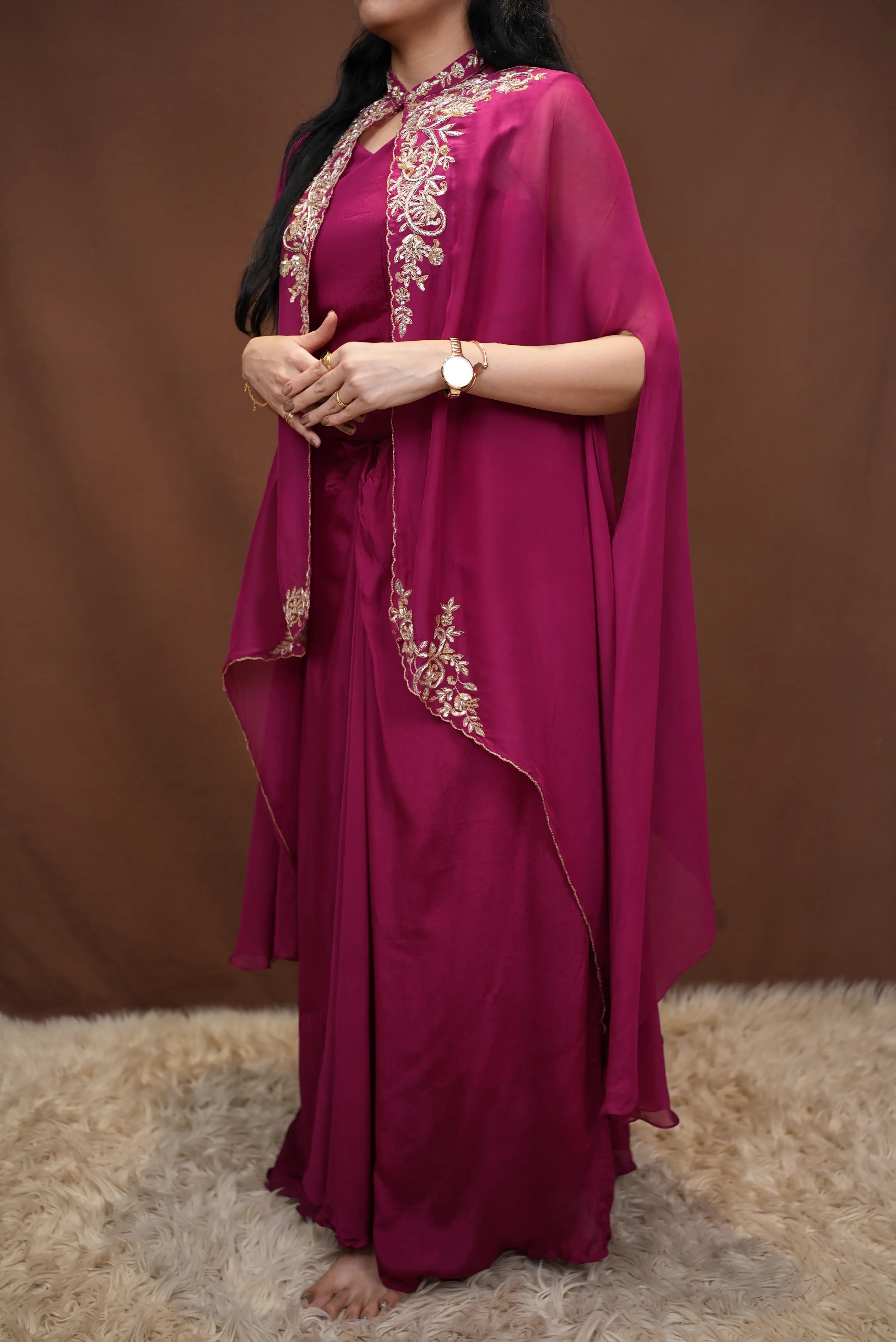 Drape Skirt with Cape and Embellished with Zardozi Handwork (With Inner)