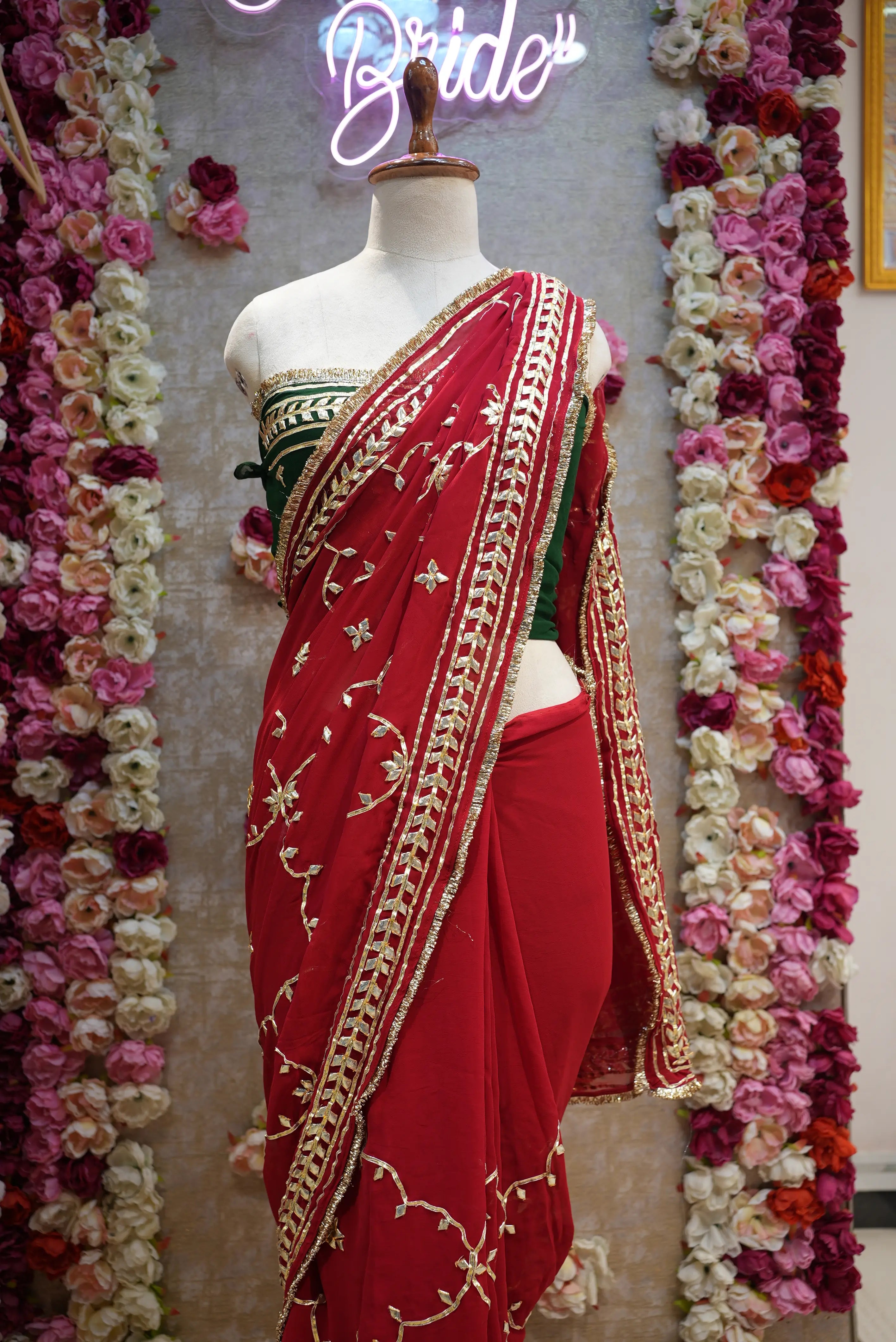 Customized Charkhi & Kachi Gota Patti Saree on Pure Georgette with Contrast Green Blouse