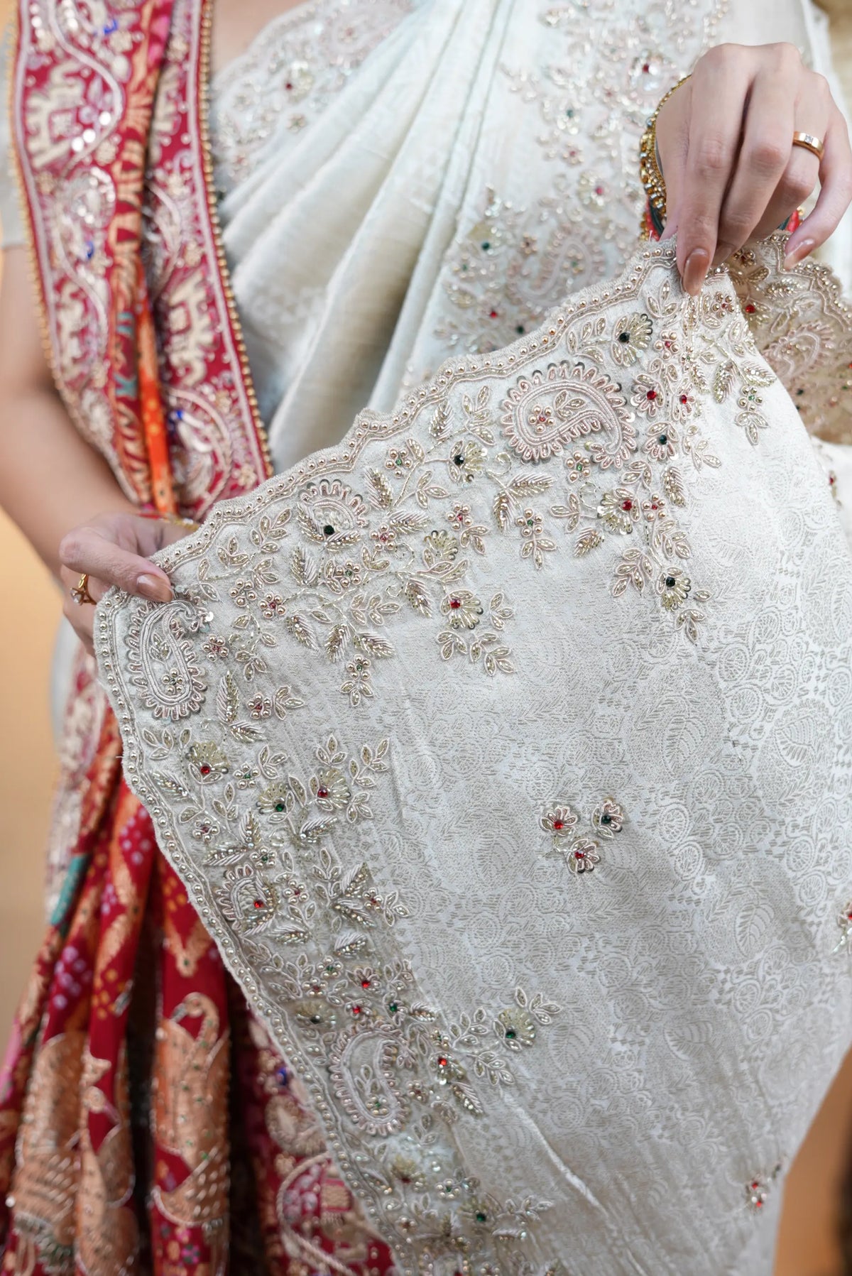 Pure Tissue Fabric Saree With Kolkata & Zardozi Handwork (With Blouse)