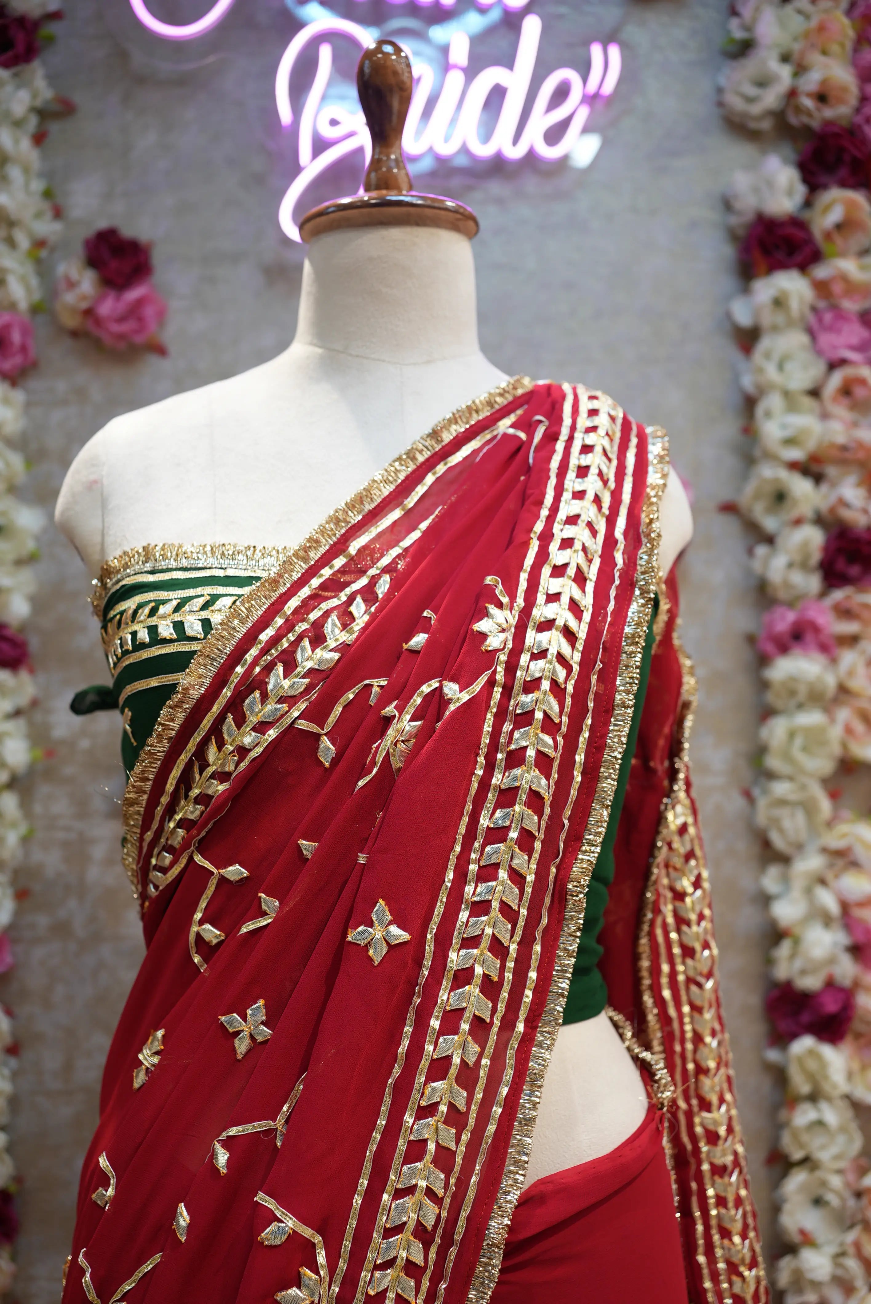 Customized Charkhi & Kachi Gota Patti Saree on Pure Georgette with Contrast Green Blouse