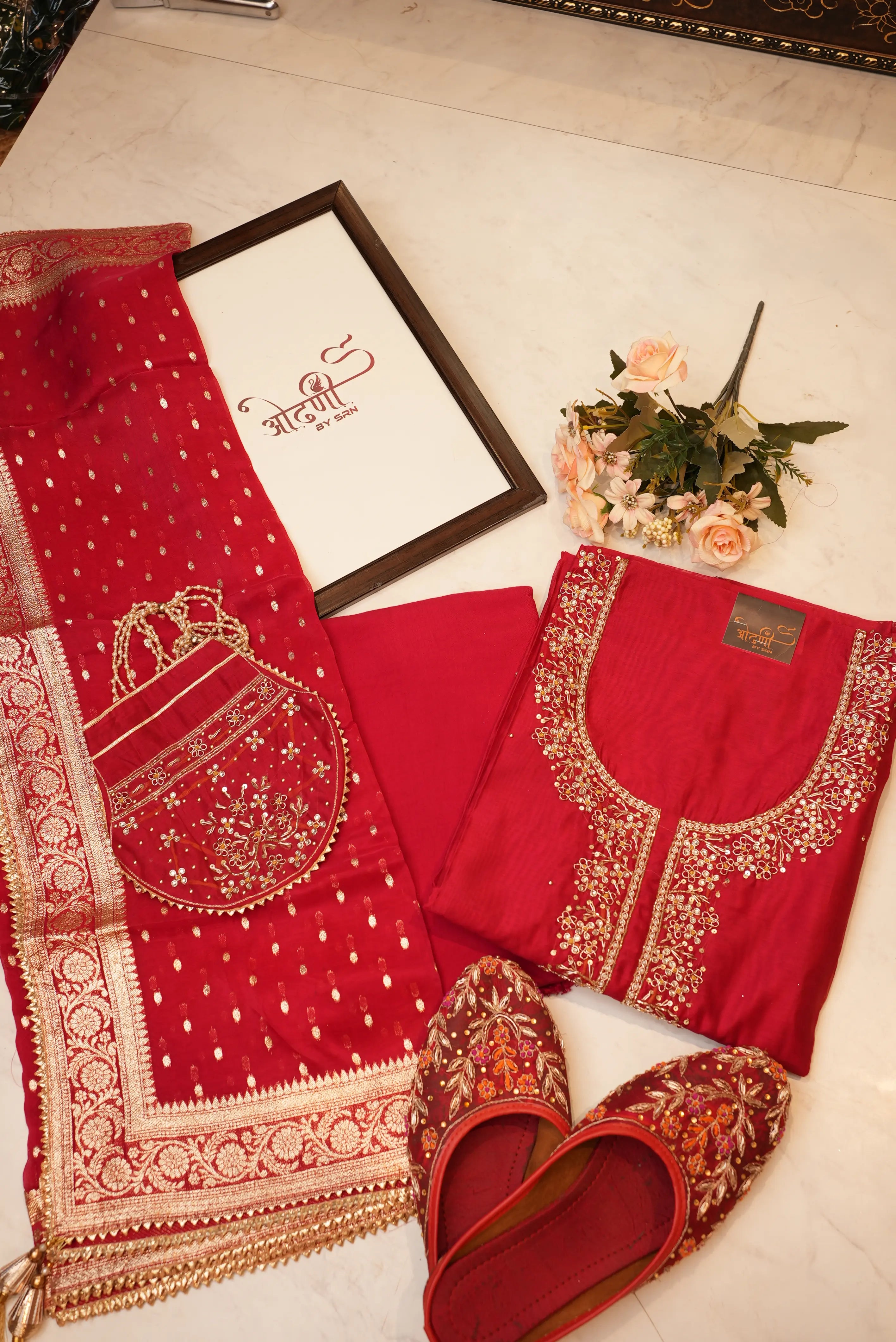 CHANDERI SILK FABRIC SUIT WITH HANDWORK HEAVY JARI DUPATTA WITH POTLI & JUTI (UNSTITCHED)