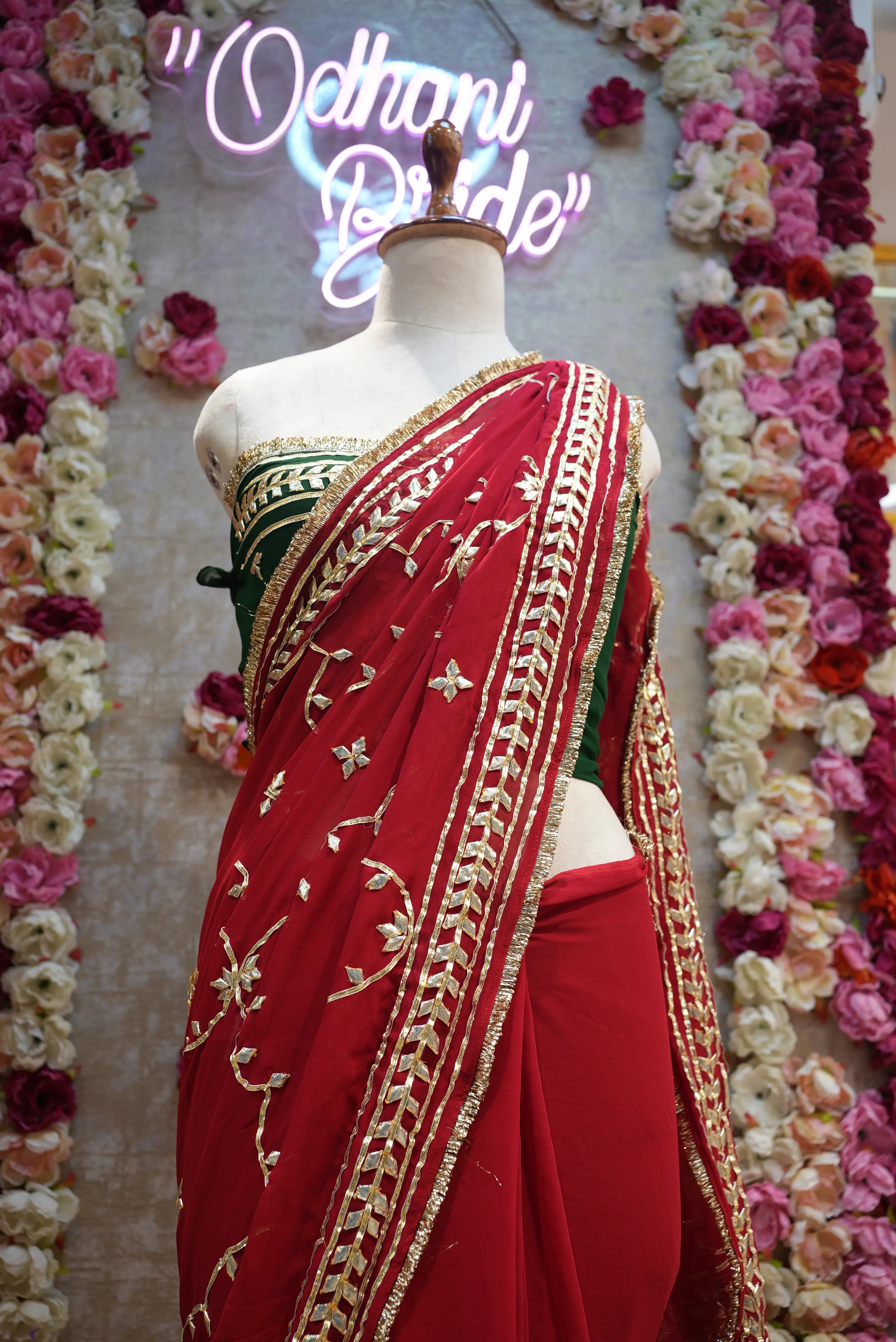 Customized Charkhi & Kachi Gota Patti Saree on Pure Georgette with Contrast Green Blouse