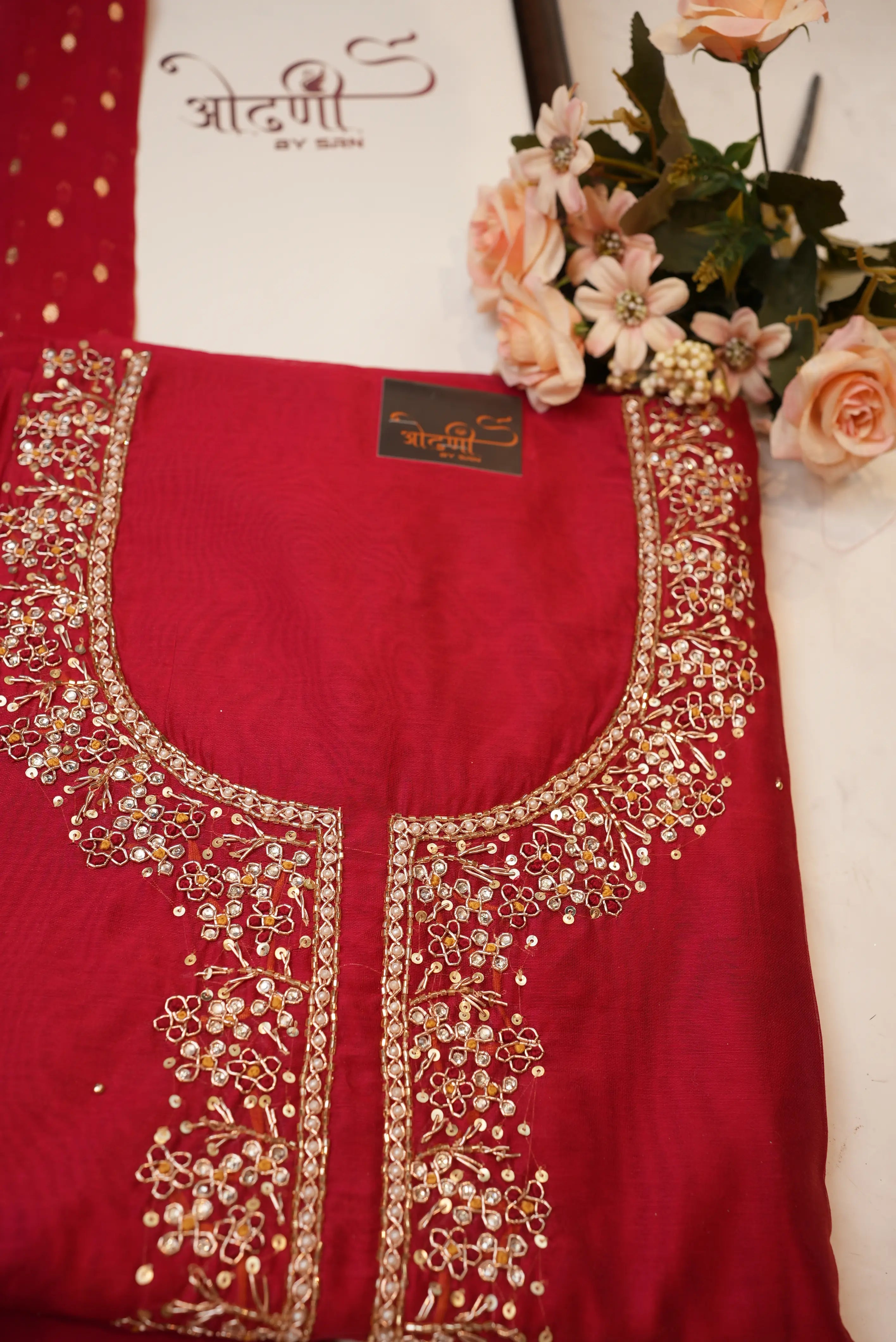CHANDERI SILK FABRIC SUIT WITH HANDWORK HEAVY JARI DUPATTA WITH POTLI & JUTI (UNSTITCHED)