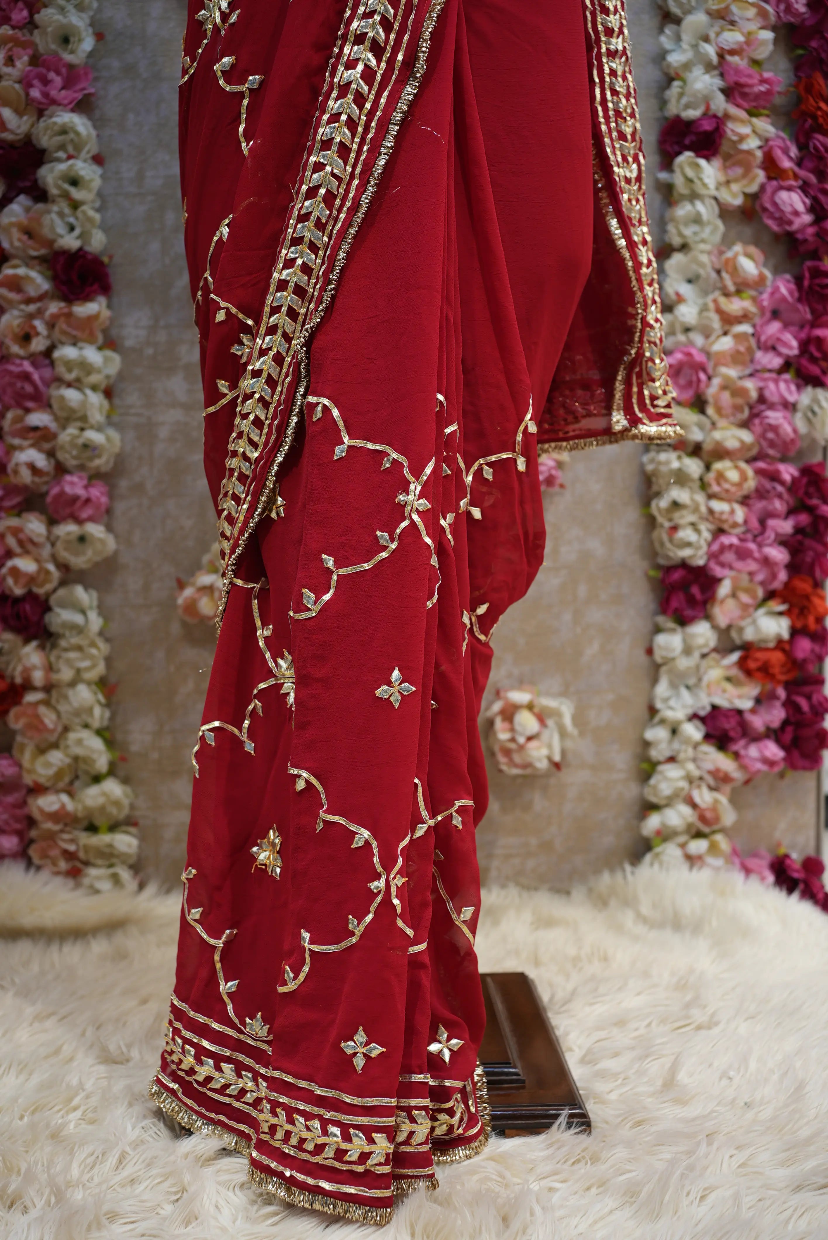 Customized Charkhi & Kachi Gota Patti Saree on Pure Georgette with Contrast Green Blouse