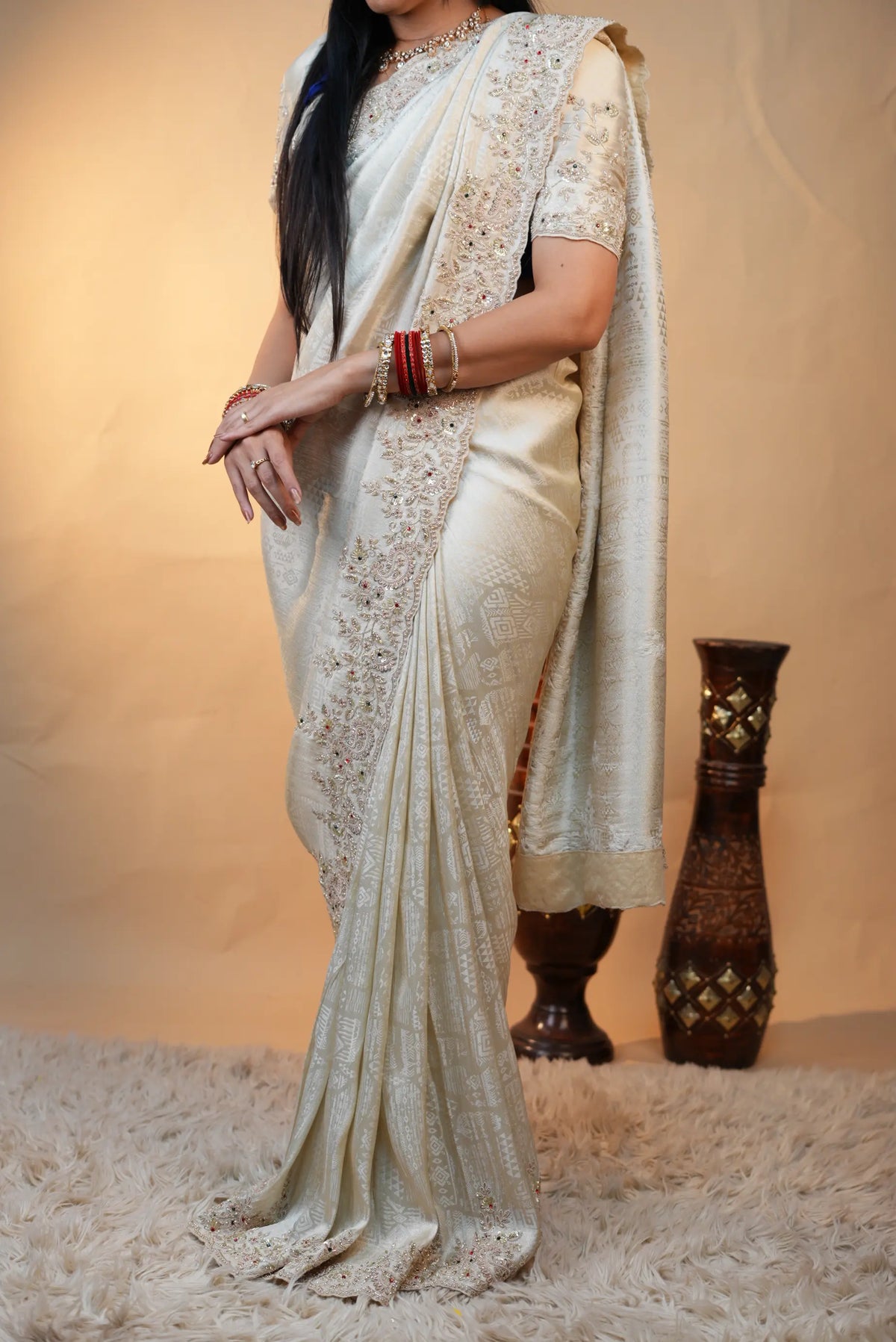 Pure Tissue Fabric Saree With Kolkata & Zardozi Handwork (With Blouse)
