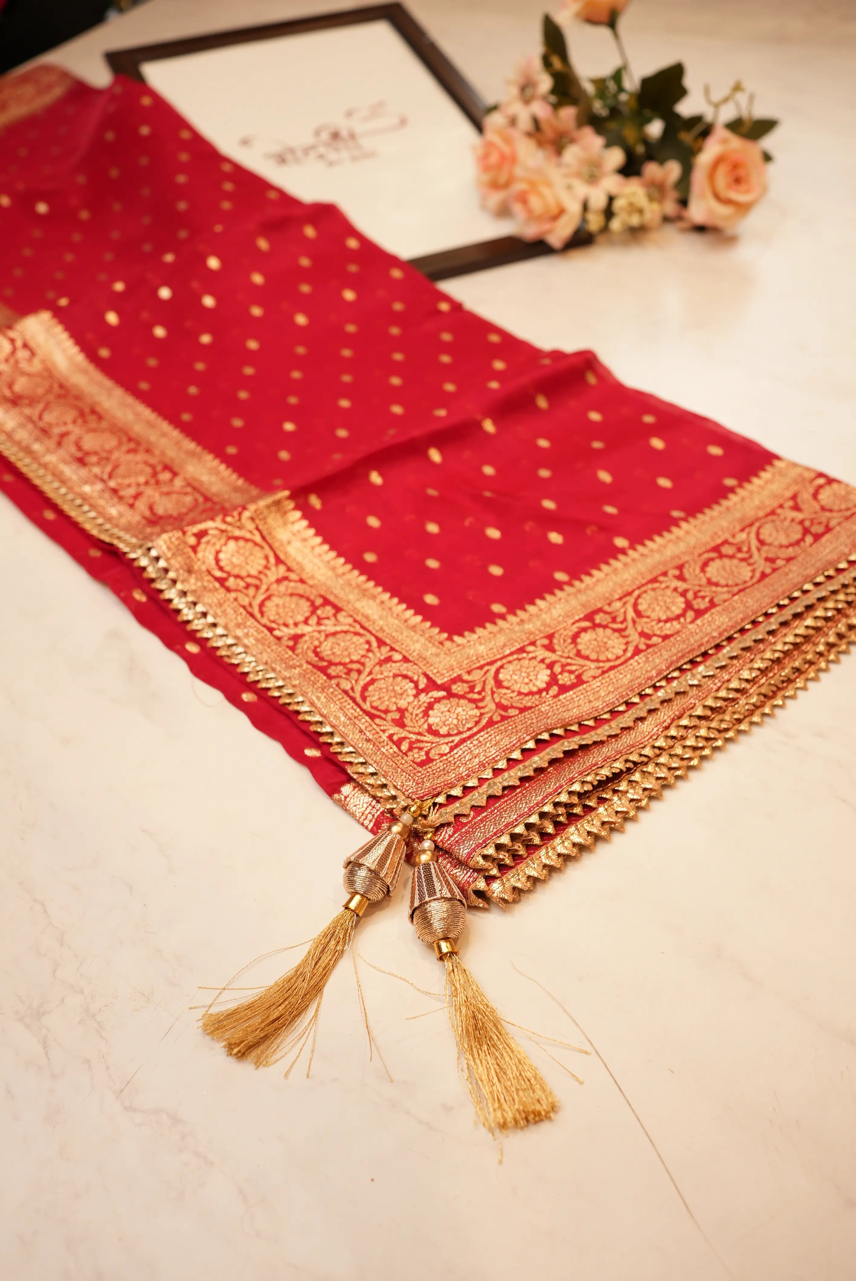 CHANDERI SILK FABRIC SUIT WITH HANDWORK HEAVY JARI DUPATTA WITH POTLI & JUTI (UNSTITCHED)