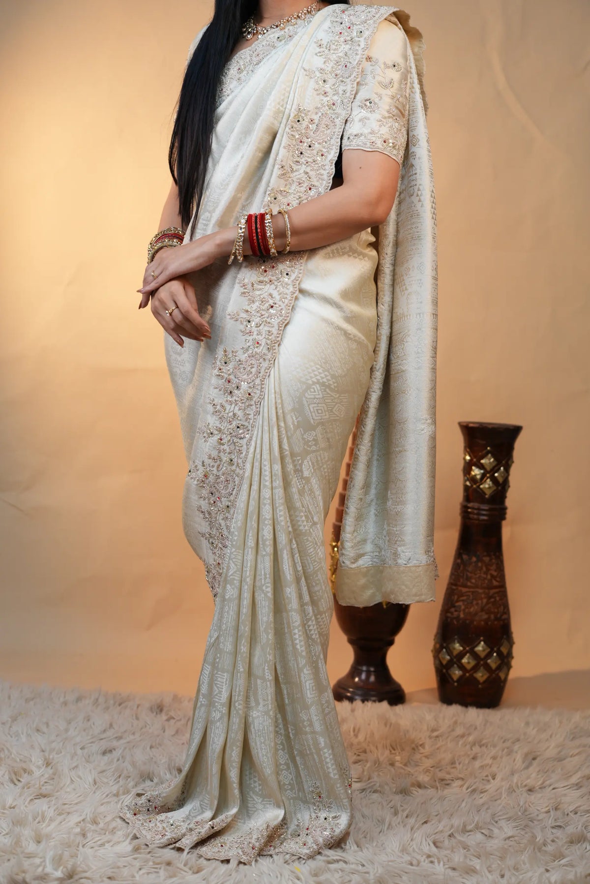 Pure Tissue Fabric Saree With Kolkata & Zardozi Handwork (With Blouse)