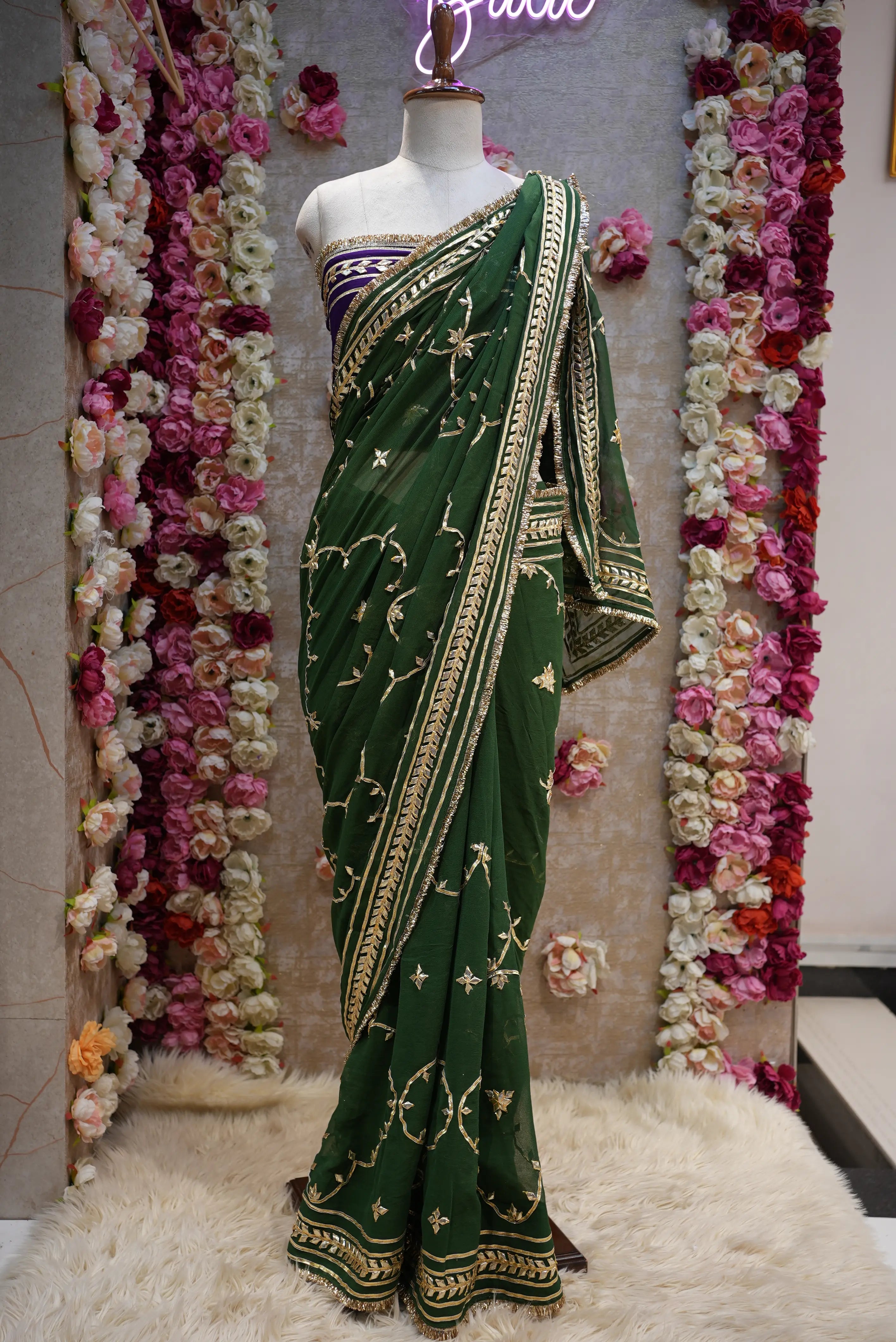 Customized Charkhi & Kachi Gota Patti Saree on Pure Georgette with Contrast Green Blouse