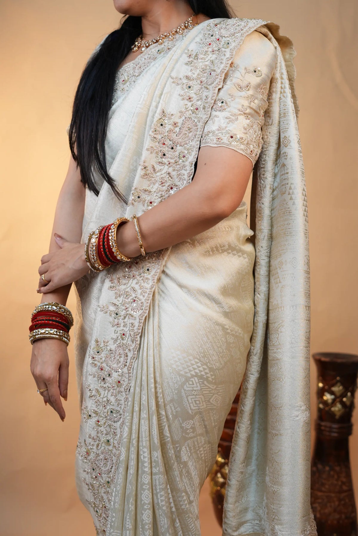 Pure Tissue Fabric Saree With Kolkata & Zardozi Handwork (With Blouse)