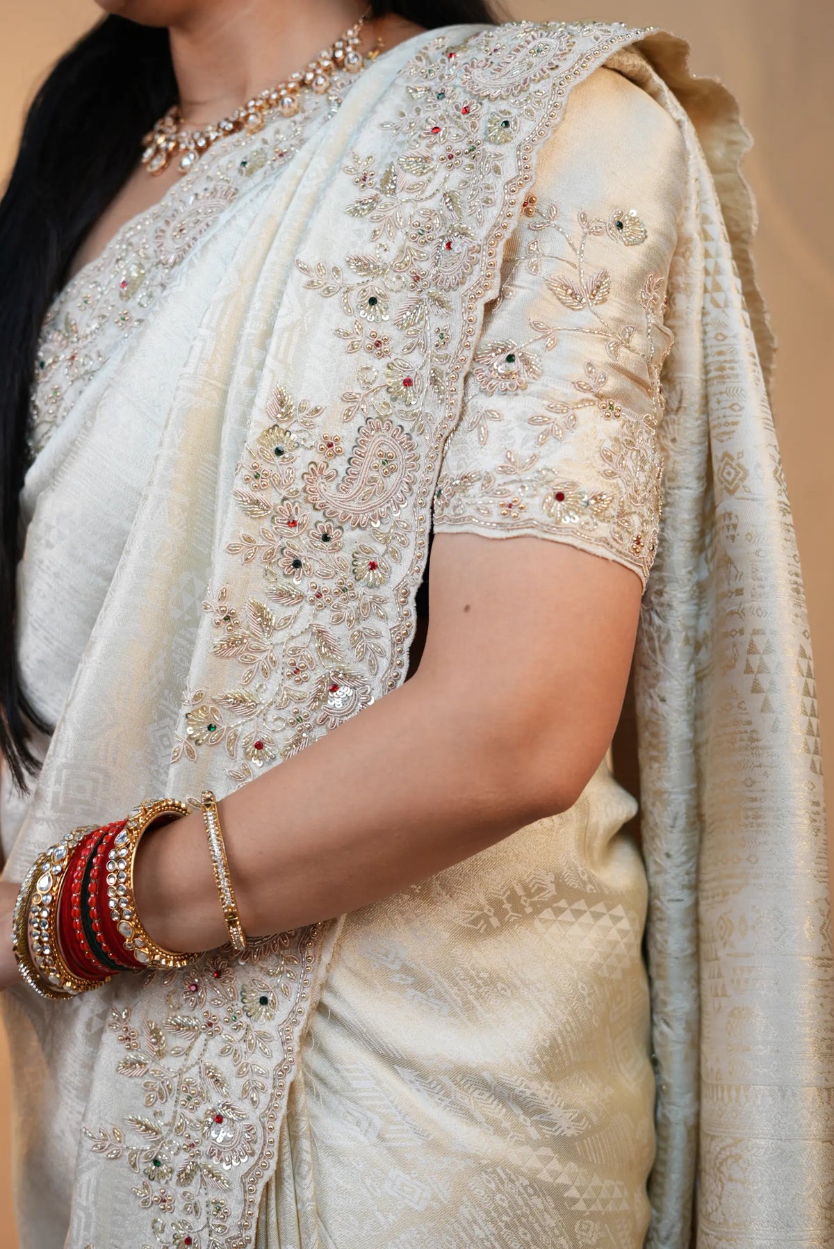 Pure Tissue Fabric Saree With Kolkata & Zardozi Handwork (With Blouse)