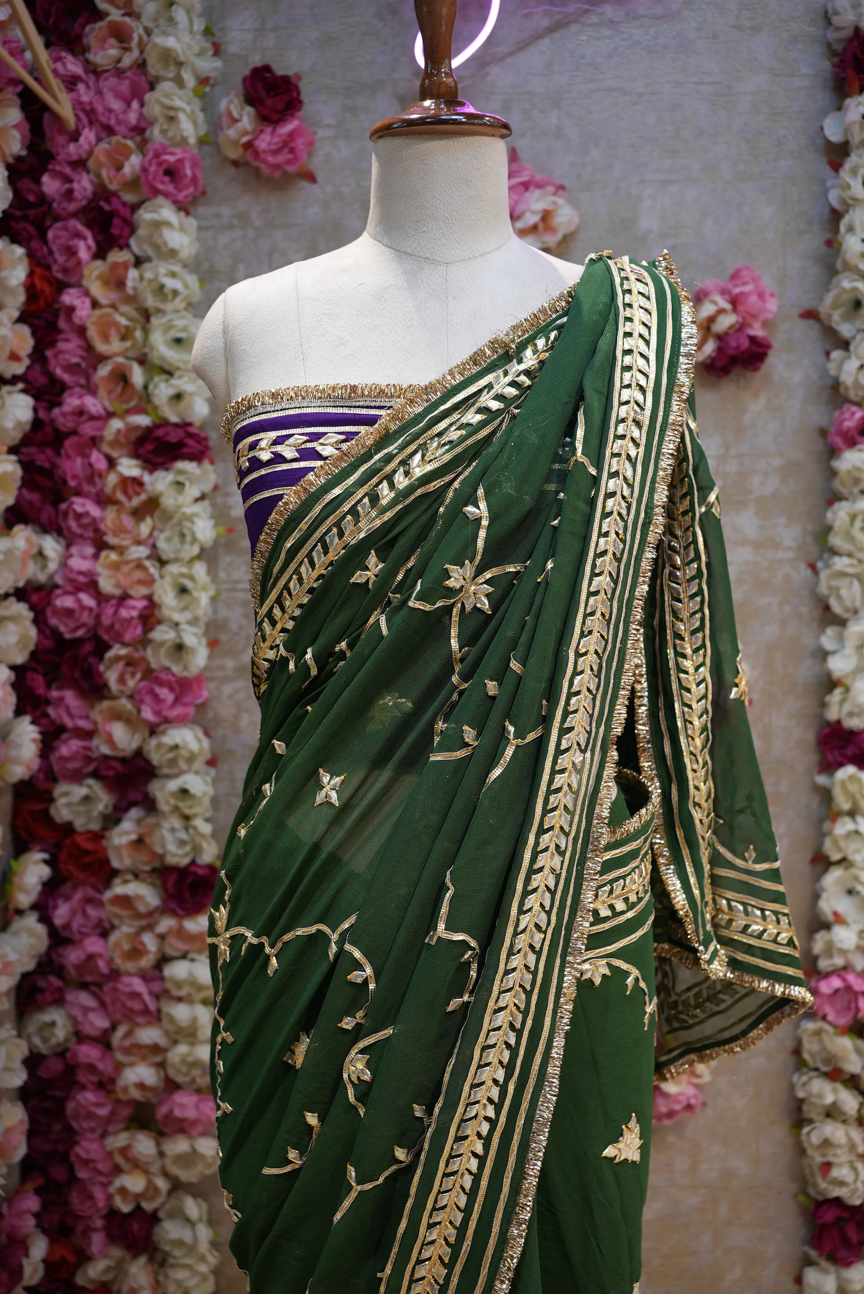 Customized Charkhi & Kachi Gota Patti Saree on Pure Georgette with Contrast Green Blouse