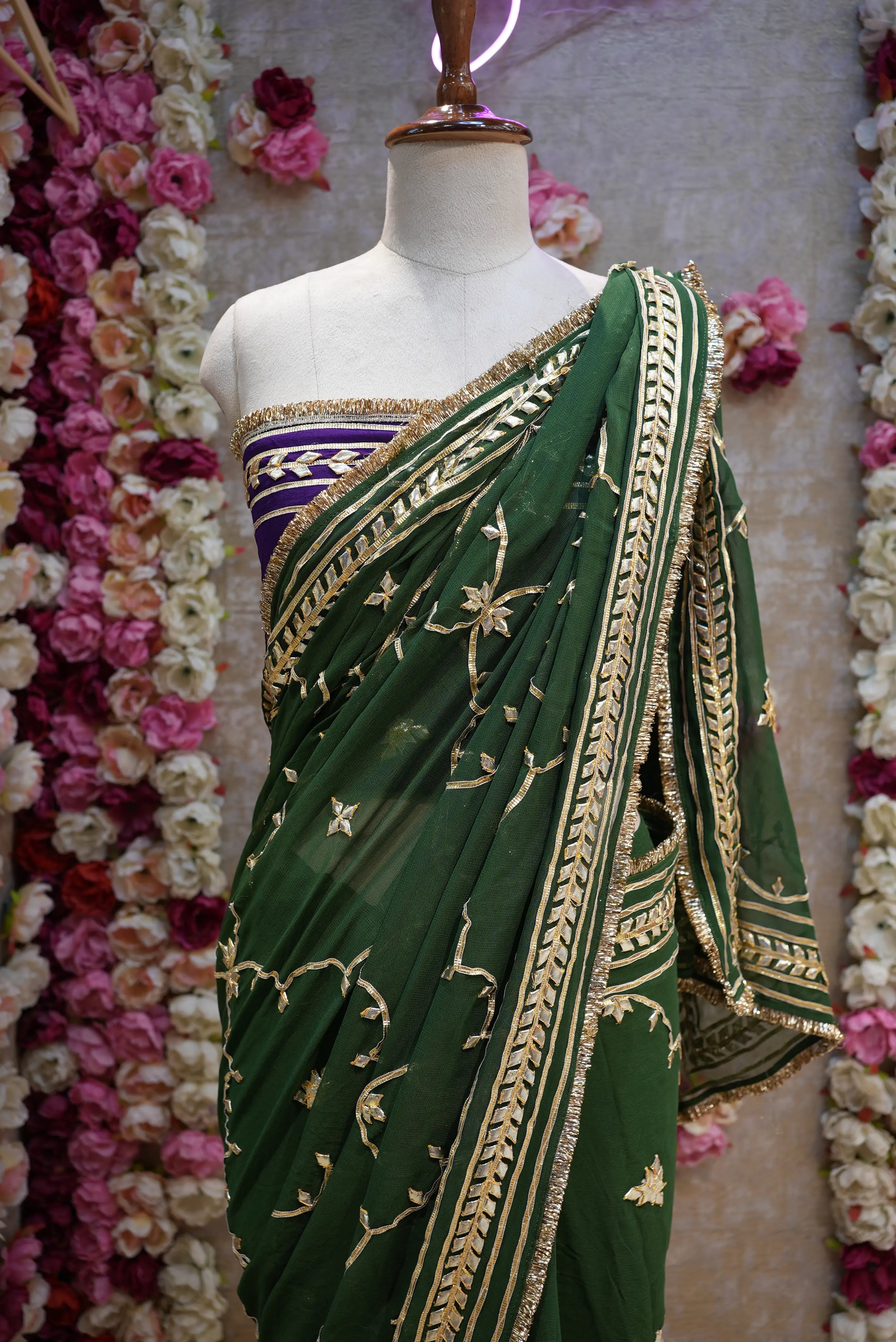 Customized Charkhi & Kachi Gota Patti Saree on Pure Georgette with Contrast Green Blouse