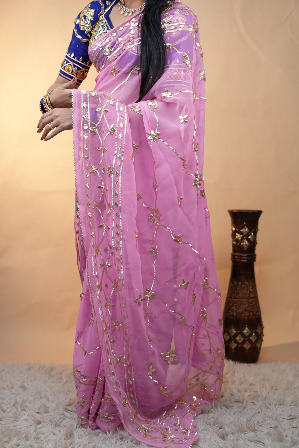 Traditional Jaal Pattern Kacchi Gota Patti Georgette Saree (With Blouse)