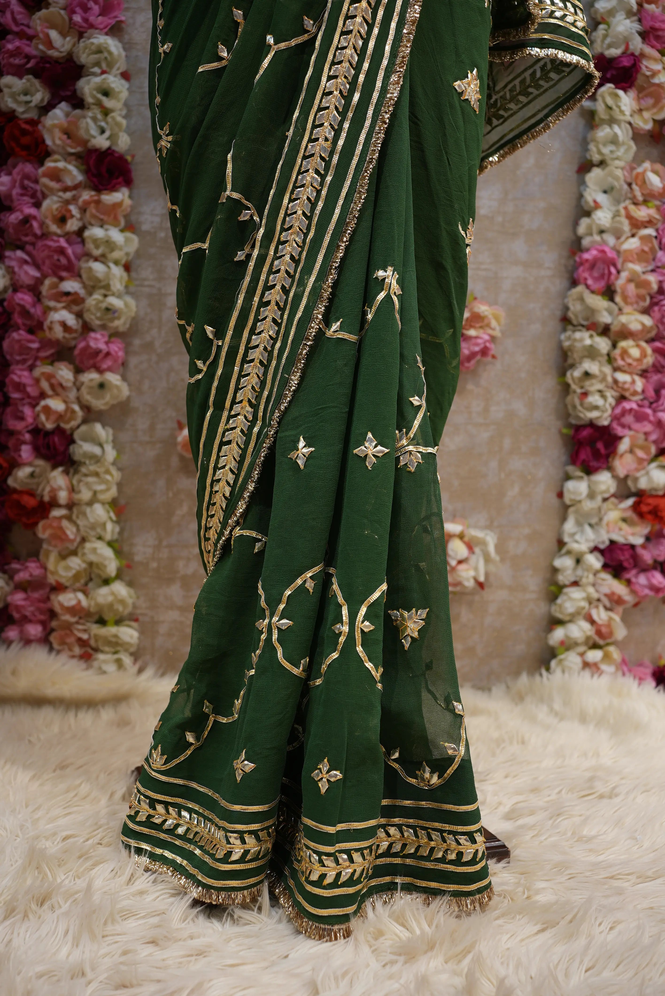 Customized Charkhi & Kachi Gota Patti Saree on Pure Georgette with Contrast Green Blouse