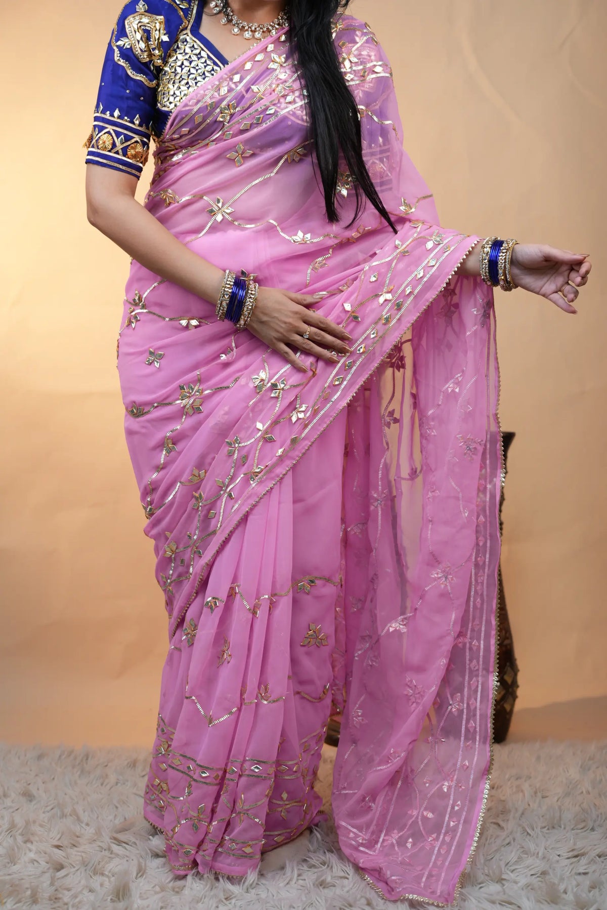 Traditional Jaal Pattern Kacchi Gota Patti Georgette Saree (With Blouse)
