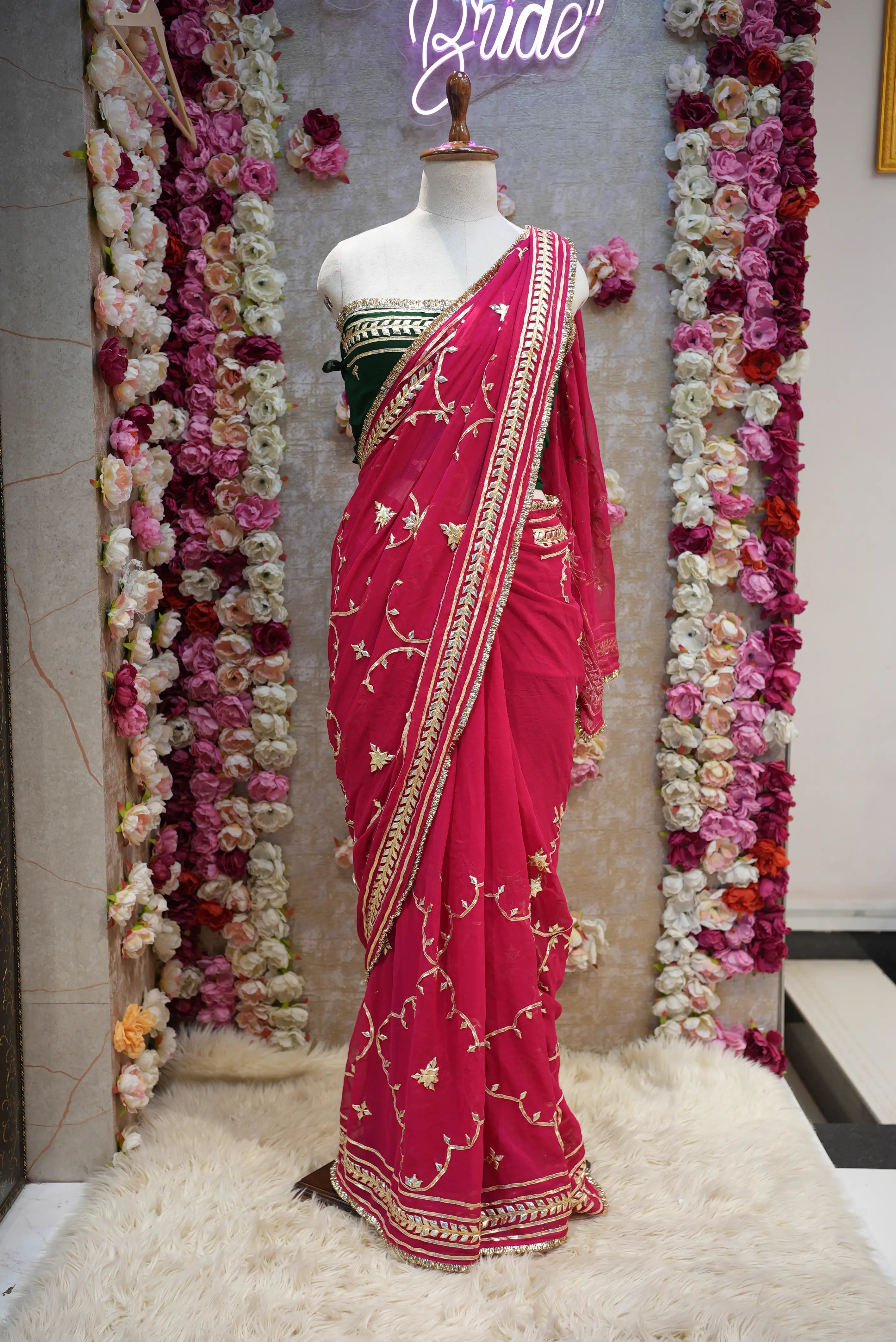 Customized Charkhi & Kachi Gota Patti Saree on Pure Georgette with Contrast Green Blouse