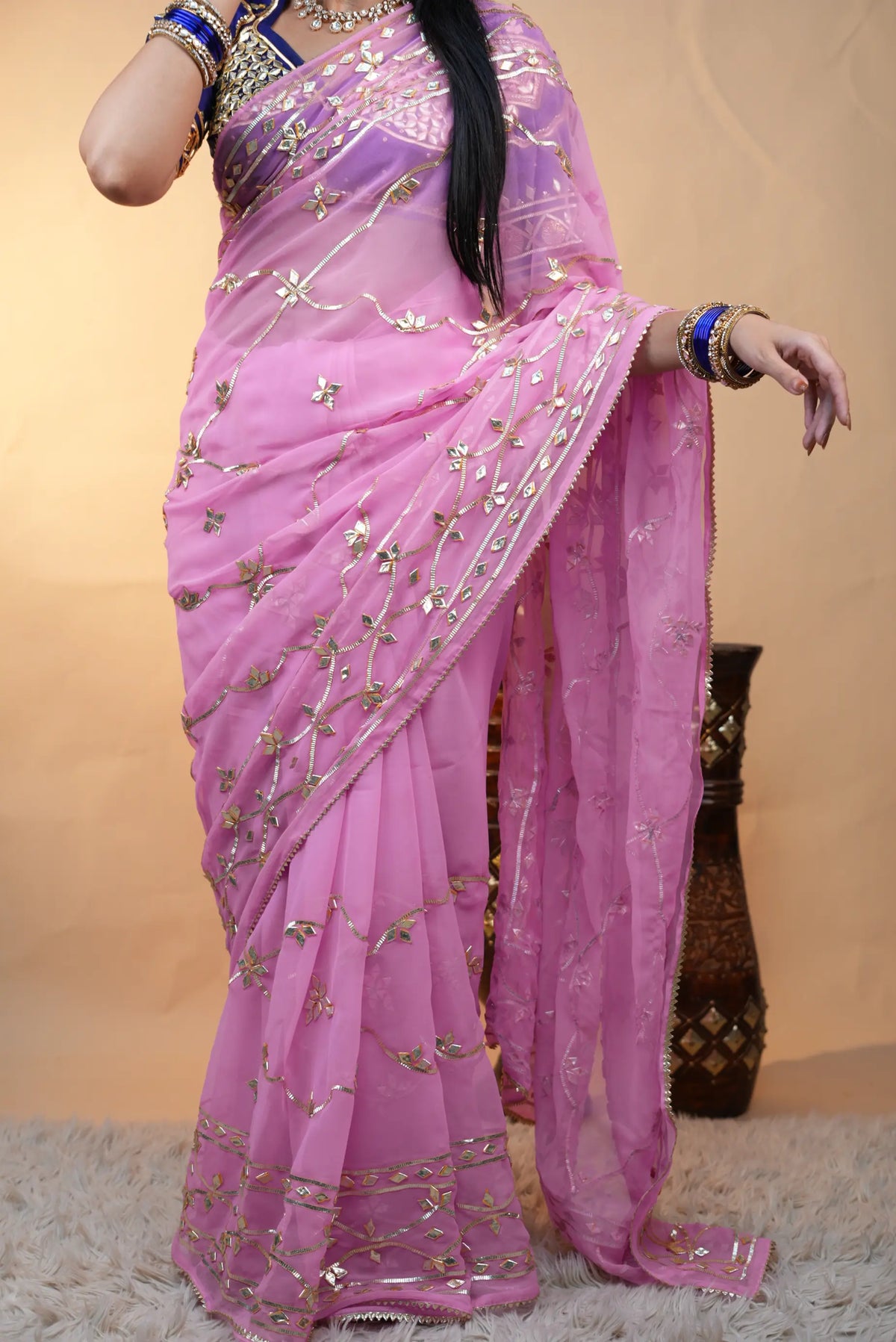 Traditional Jaal Pattern Kacchi Gota Patti Georgette Saree (With Blouse)