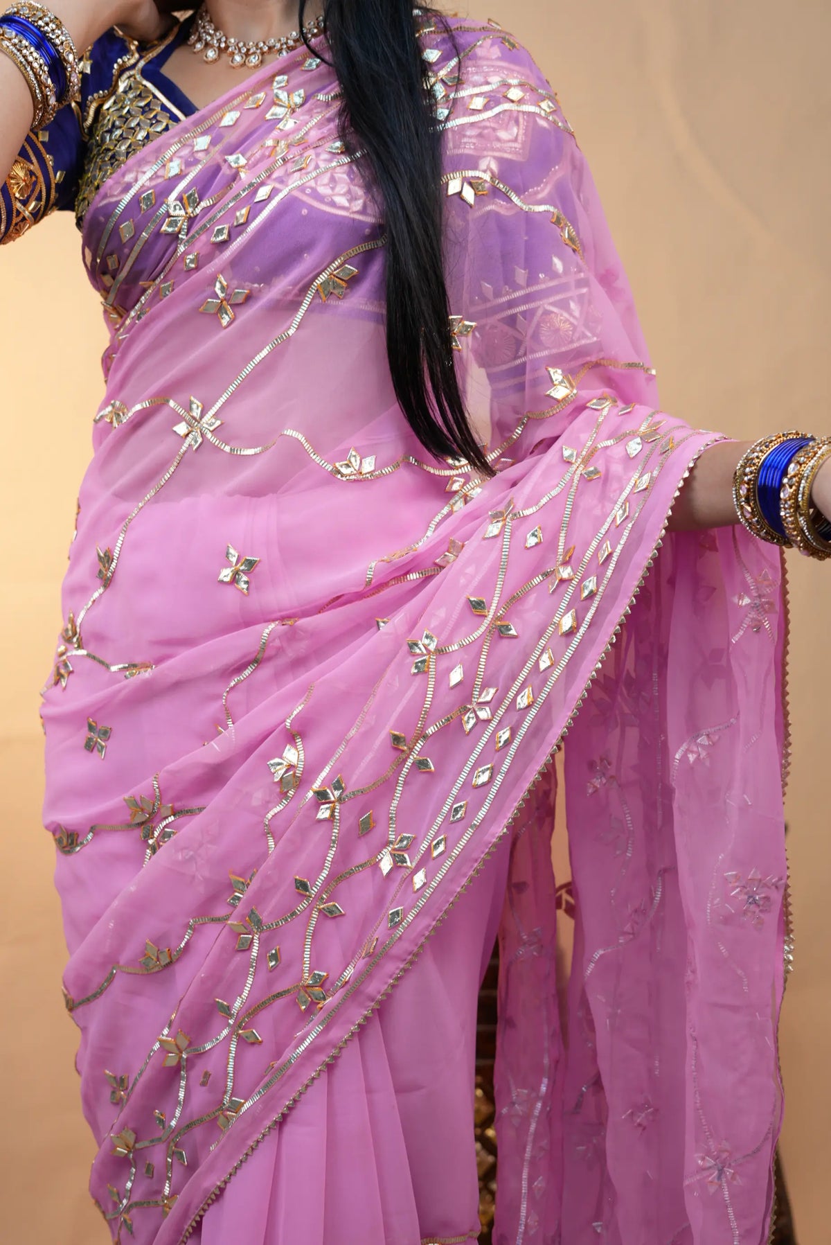 Traditional Jaal Pattern Kacchi Gota Patti Georgette Saree (With Blouse)