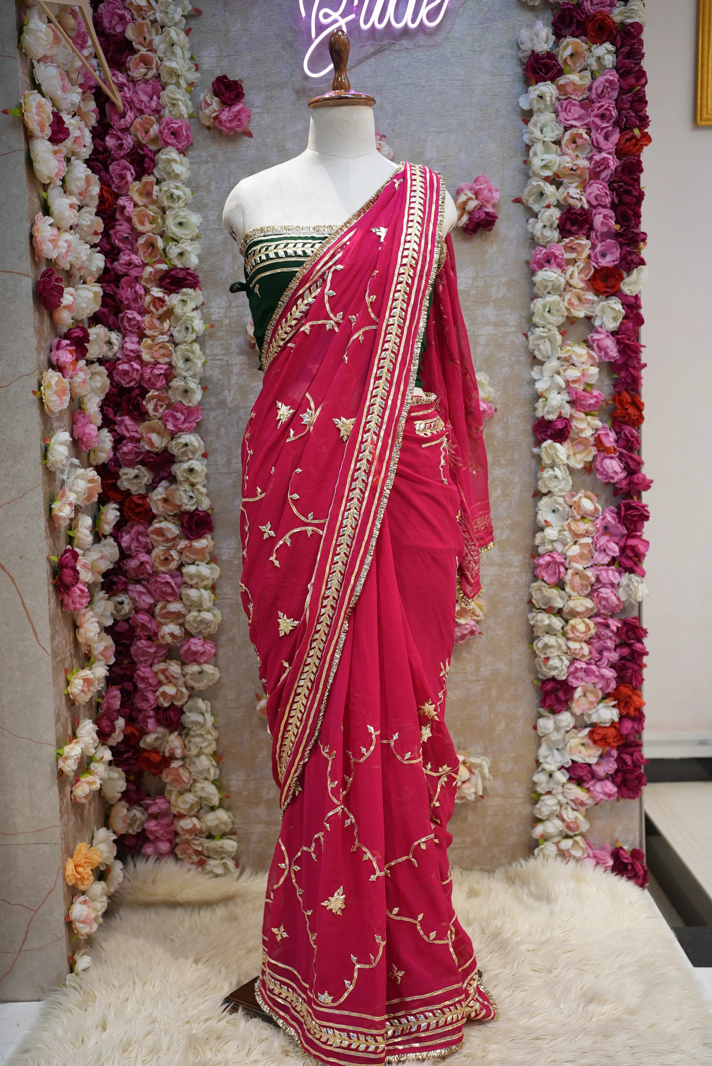 Customized Charkhi & Kachi Gota Patti Saree on Pure Georgette with Contrast Green Blouse