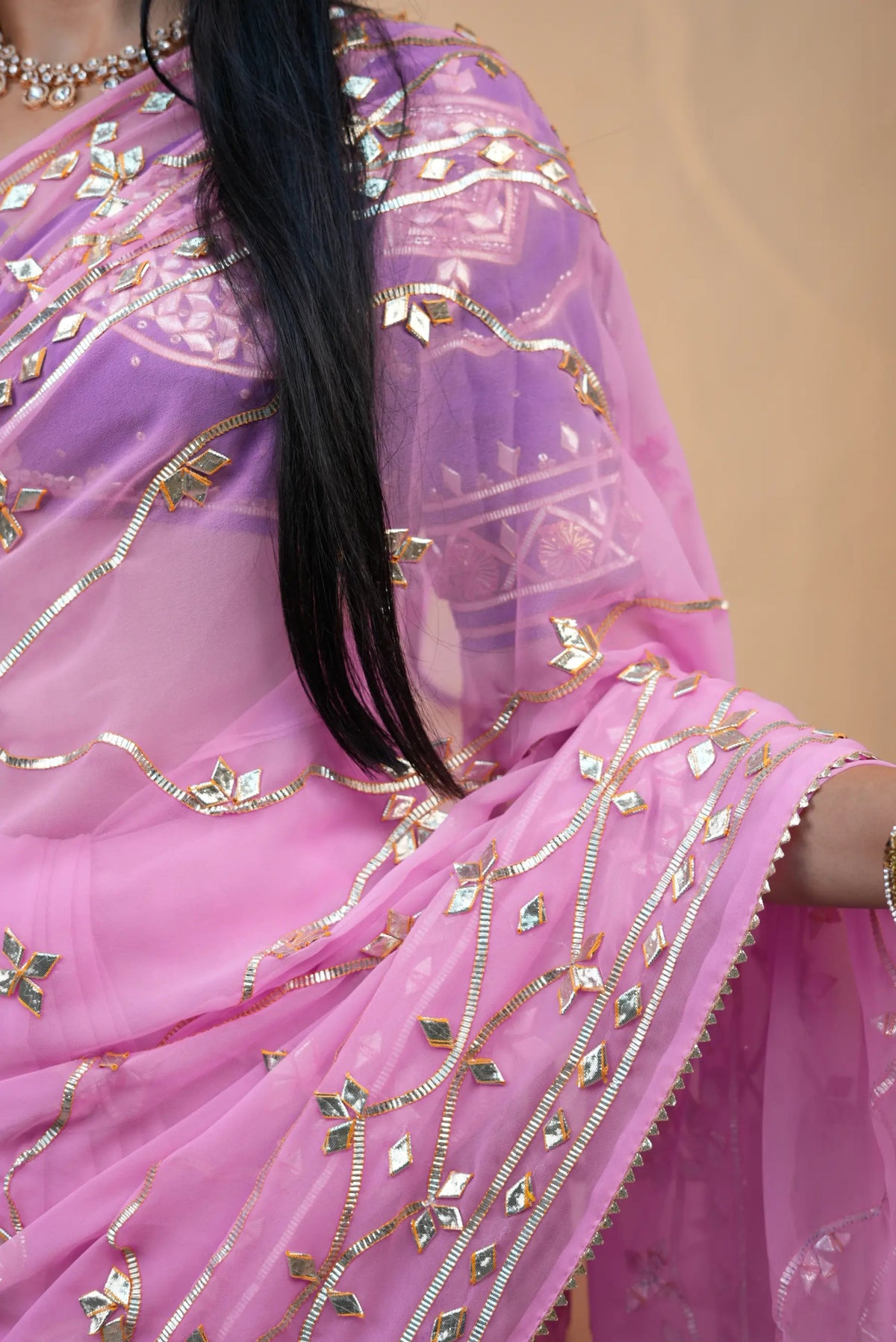 Traditional Jaal Pattern Kacchi Gota Patti Georgette Saree (With Blouse)
