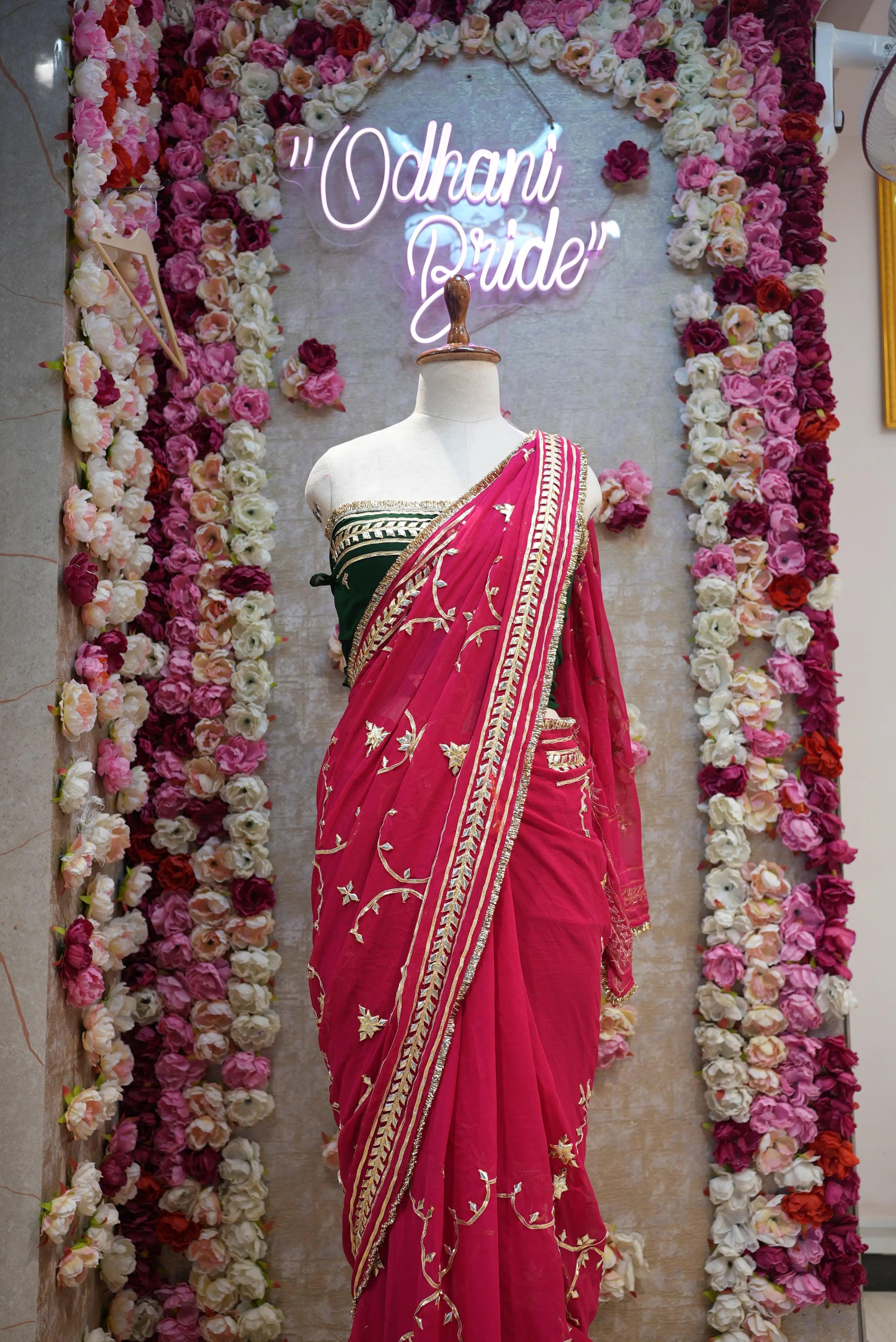 Customized Charkhi & Kachi Gota Patti Saree on Pure Georgette with Contrast Green Blouse