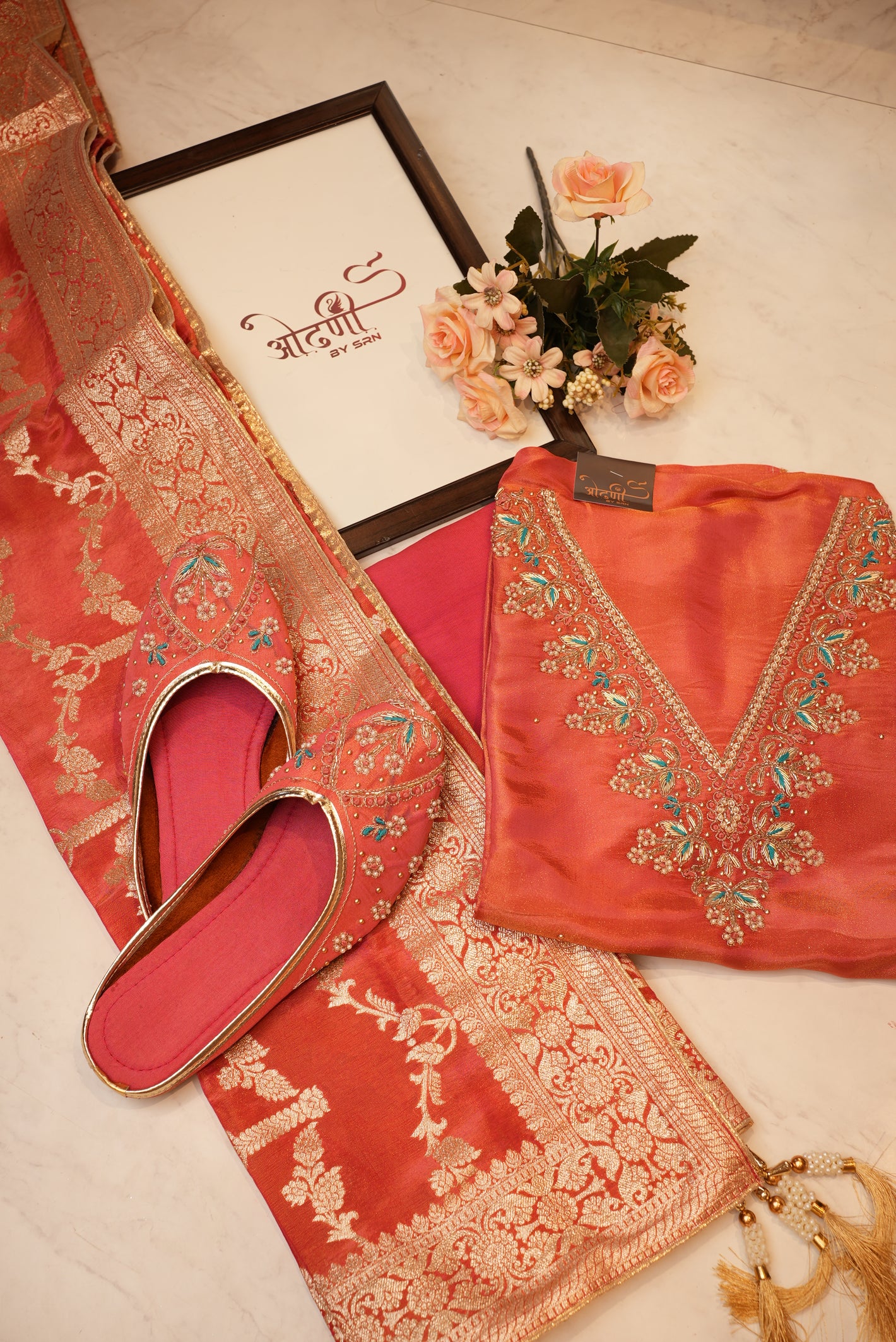 Pure tissue hand work suit with heavy banarasi dupatta with matching work jutti (UNSTITCHED) ##SF010