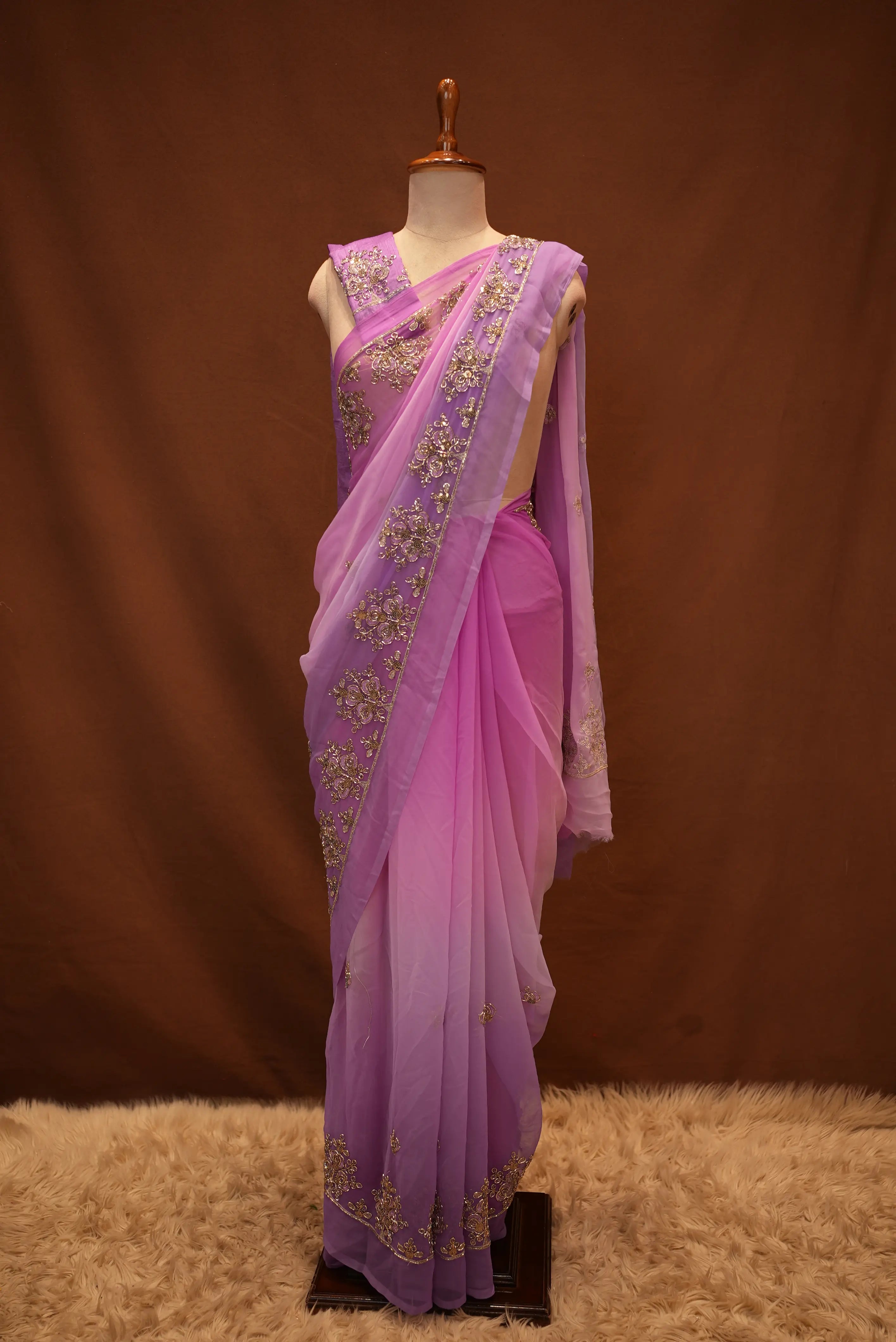 Multishade Darbari Saree with Aari Sequance and Cut Dana Work (With Blouse)