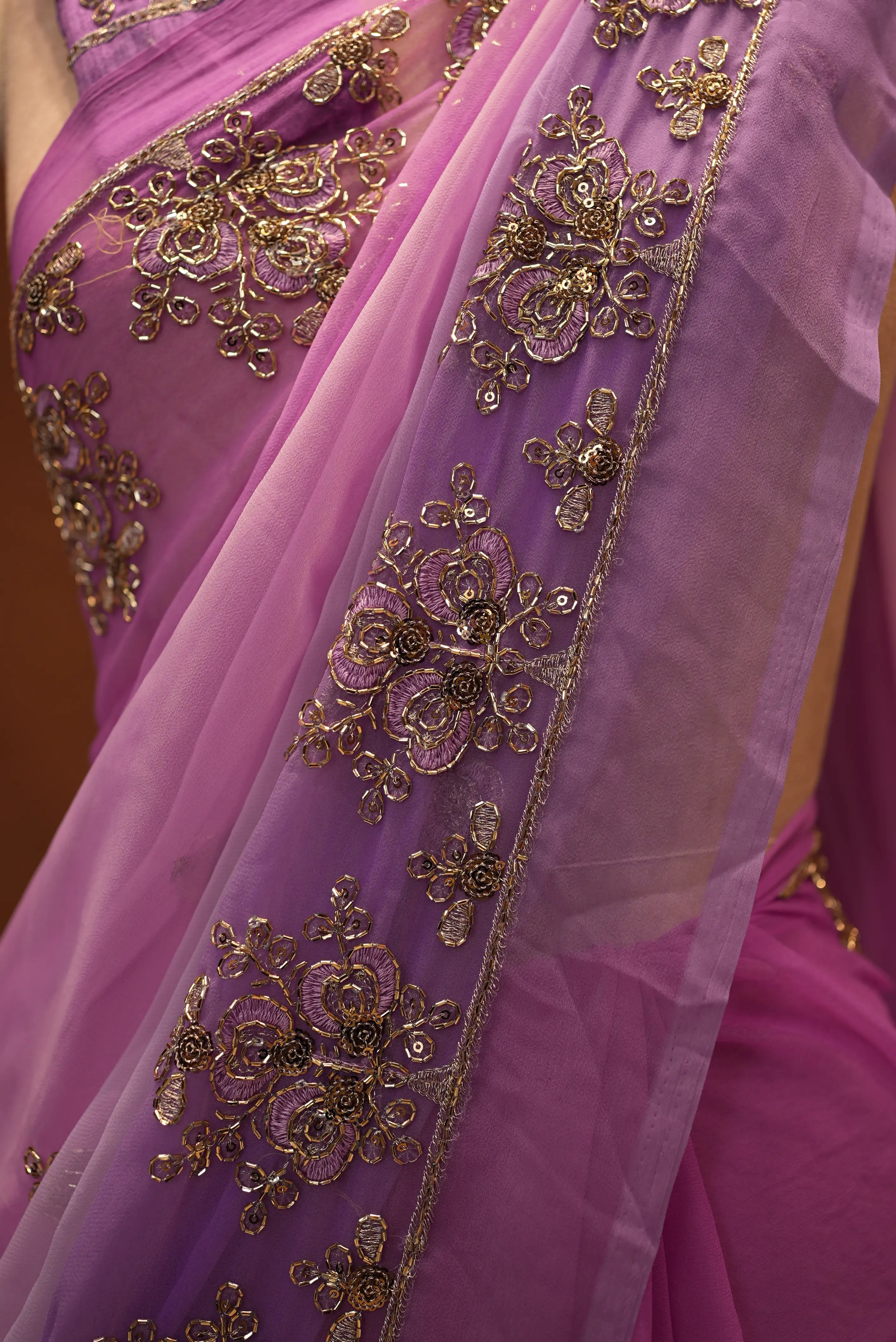 Multishade Darbari Saree with Aari Sequance and Cut Dana Work (With Blouse)