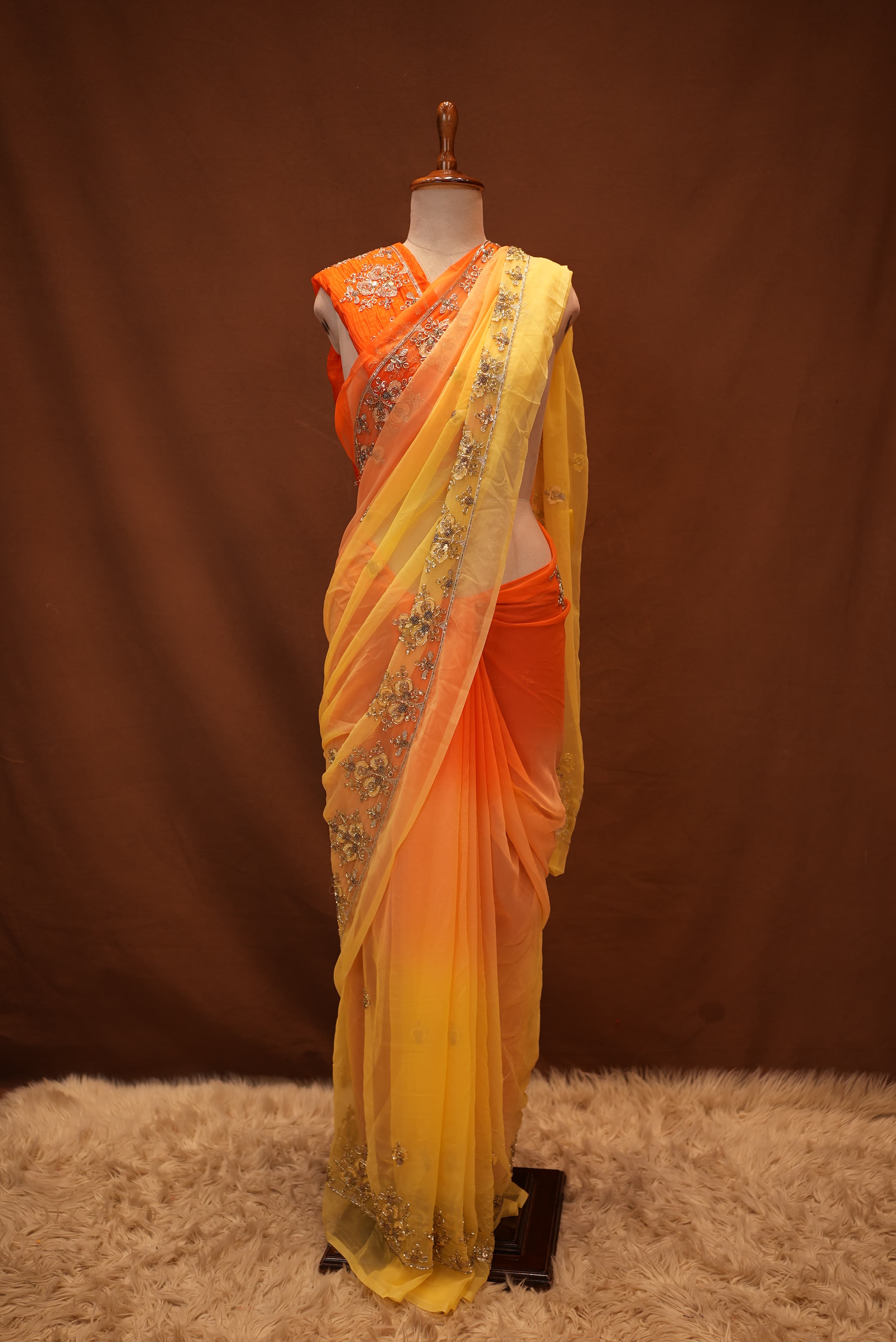 Multishade Darbari Saree with Aari Sequance and Cut Dana Work (With Blouse)