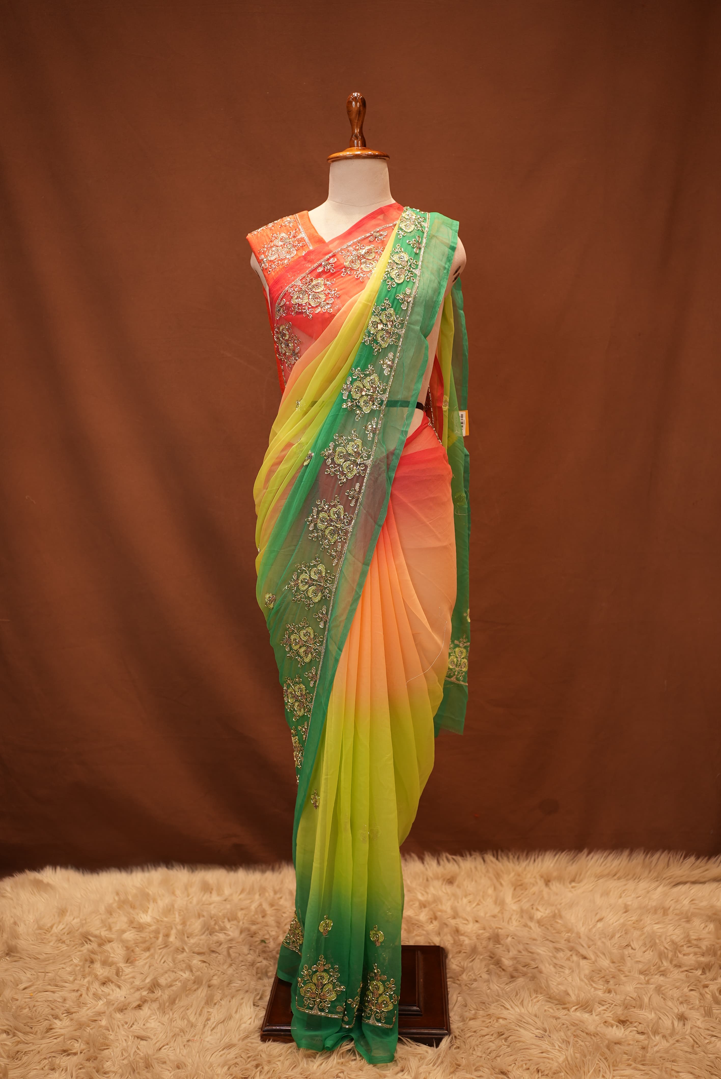 Multishade Darbari Saree with Aari Sequance and Cut Dana Work (With Blouse)