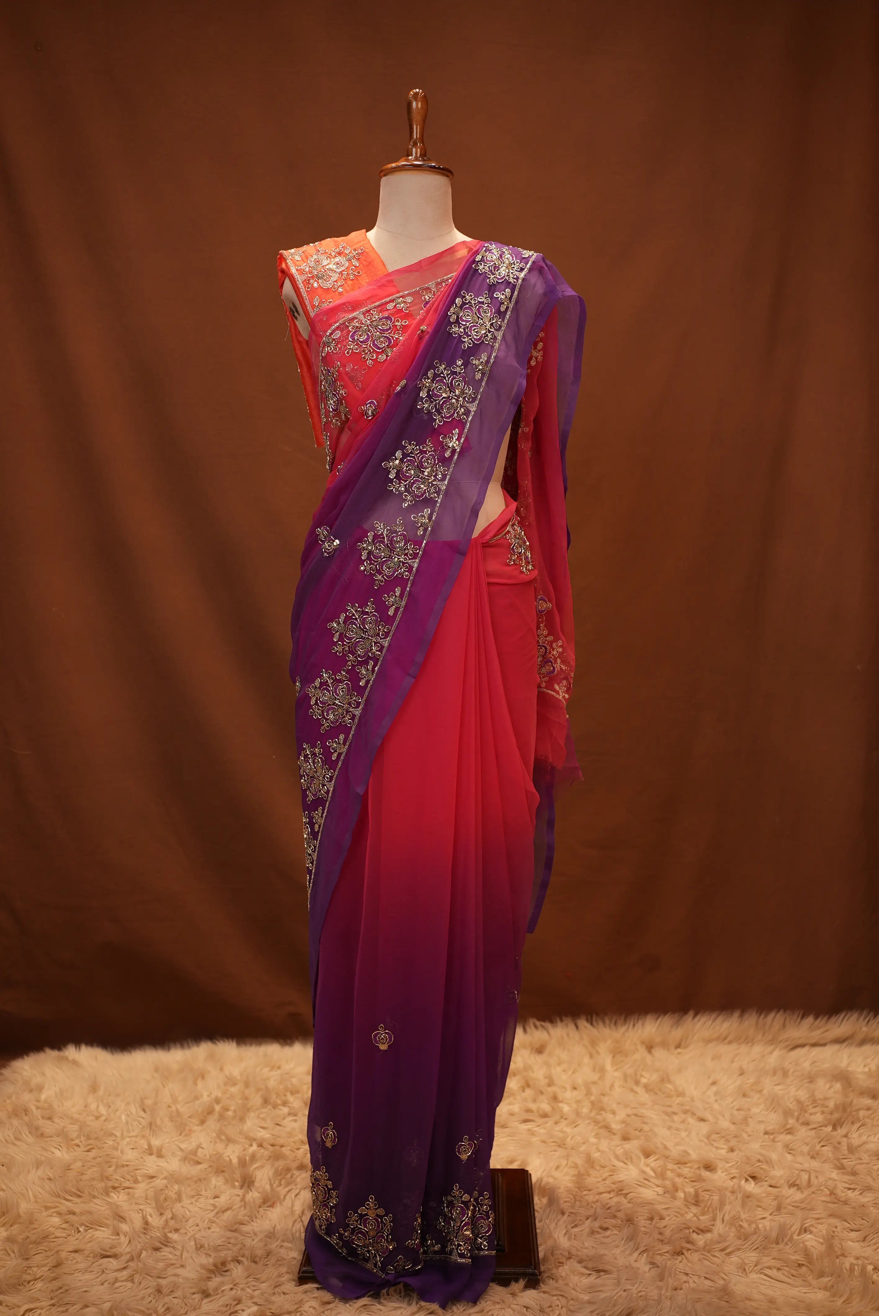 Multishade Darbari Saree with Aari Sequance and Cut Dana Work (With Blouse)