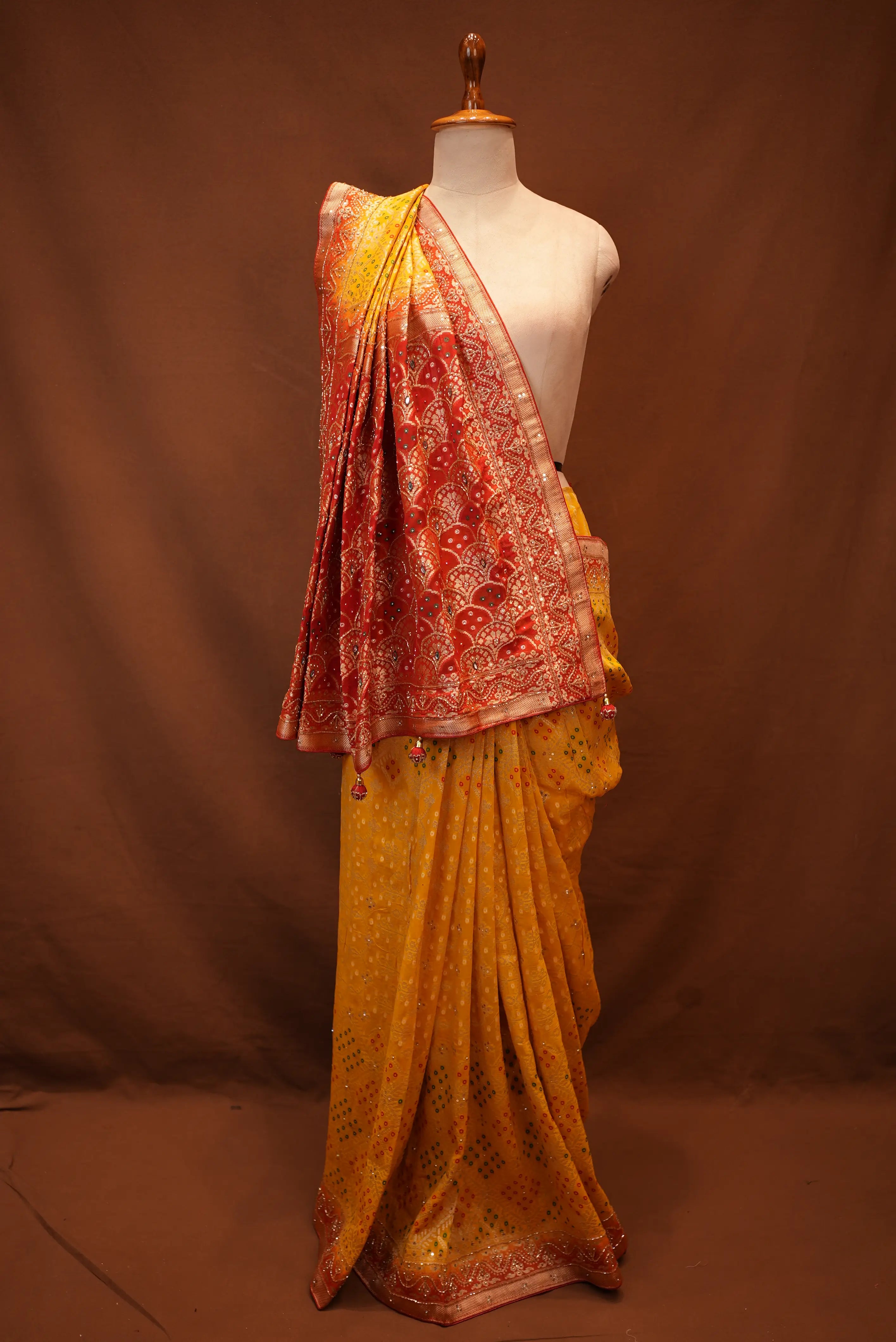 Yellow to Red Traditional Bandhani Design Zardozi Handwork Saree